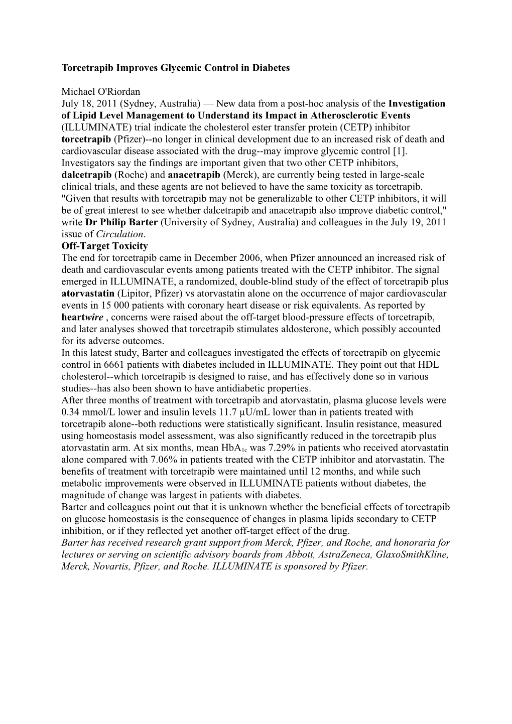 Torcetrapib Improves Glycemic Control in Diabetes