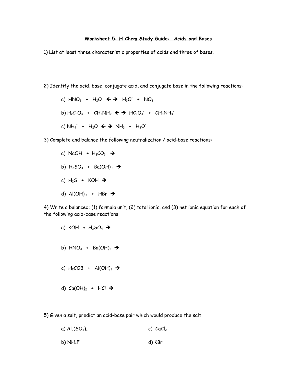 Worksheet 5: H Chem Study Guide: Acids and Bases