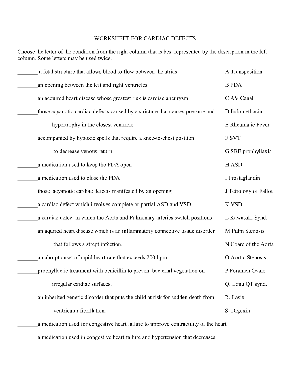 Worksheet for Cardiac Defects