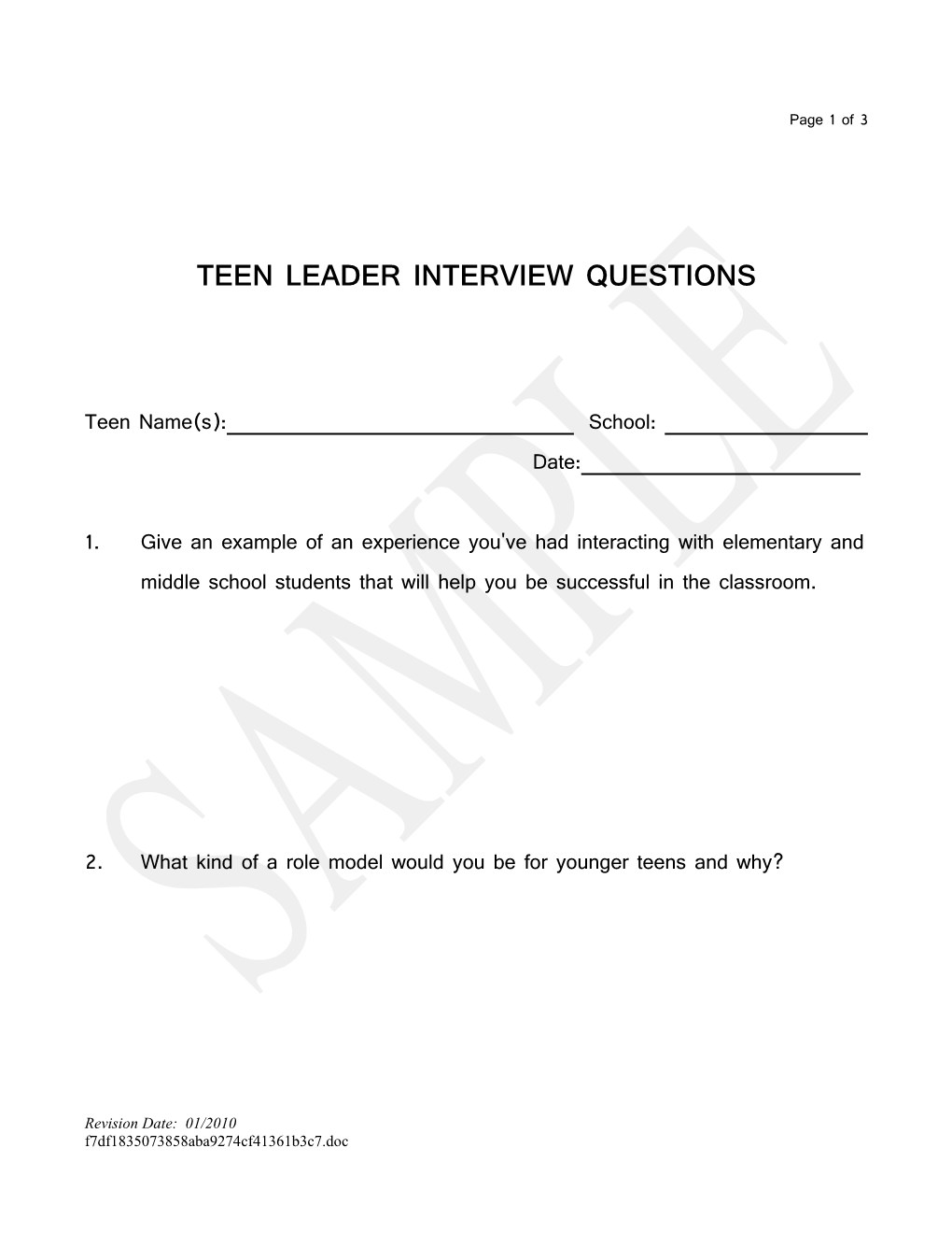 Teen Leader Interview Questions