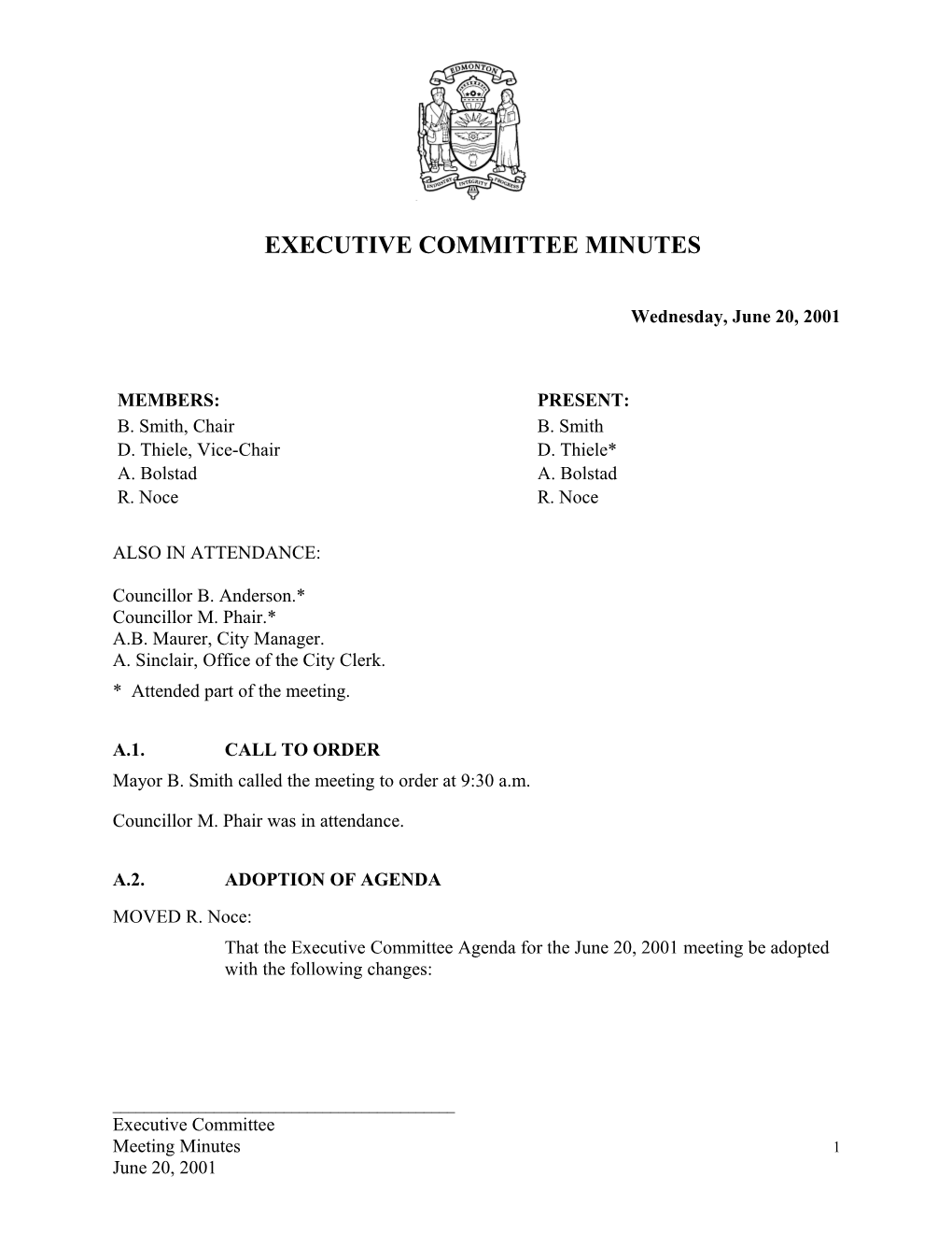 Minutes for Executive Committee June 20, 2001 Meeting