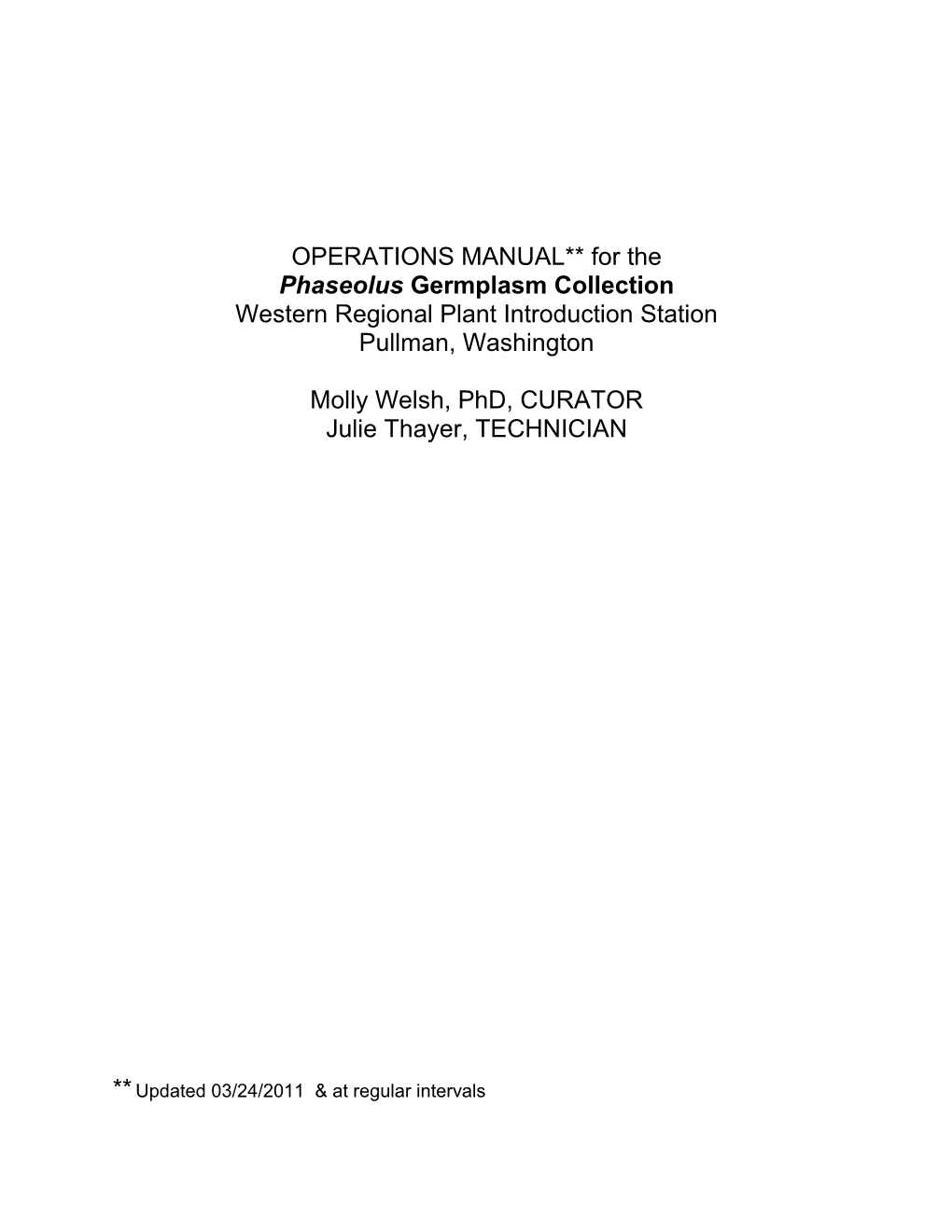 OPERATIONS MANUAL for The