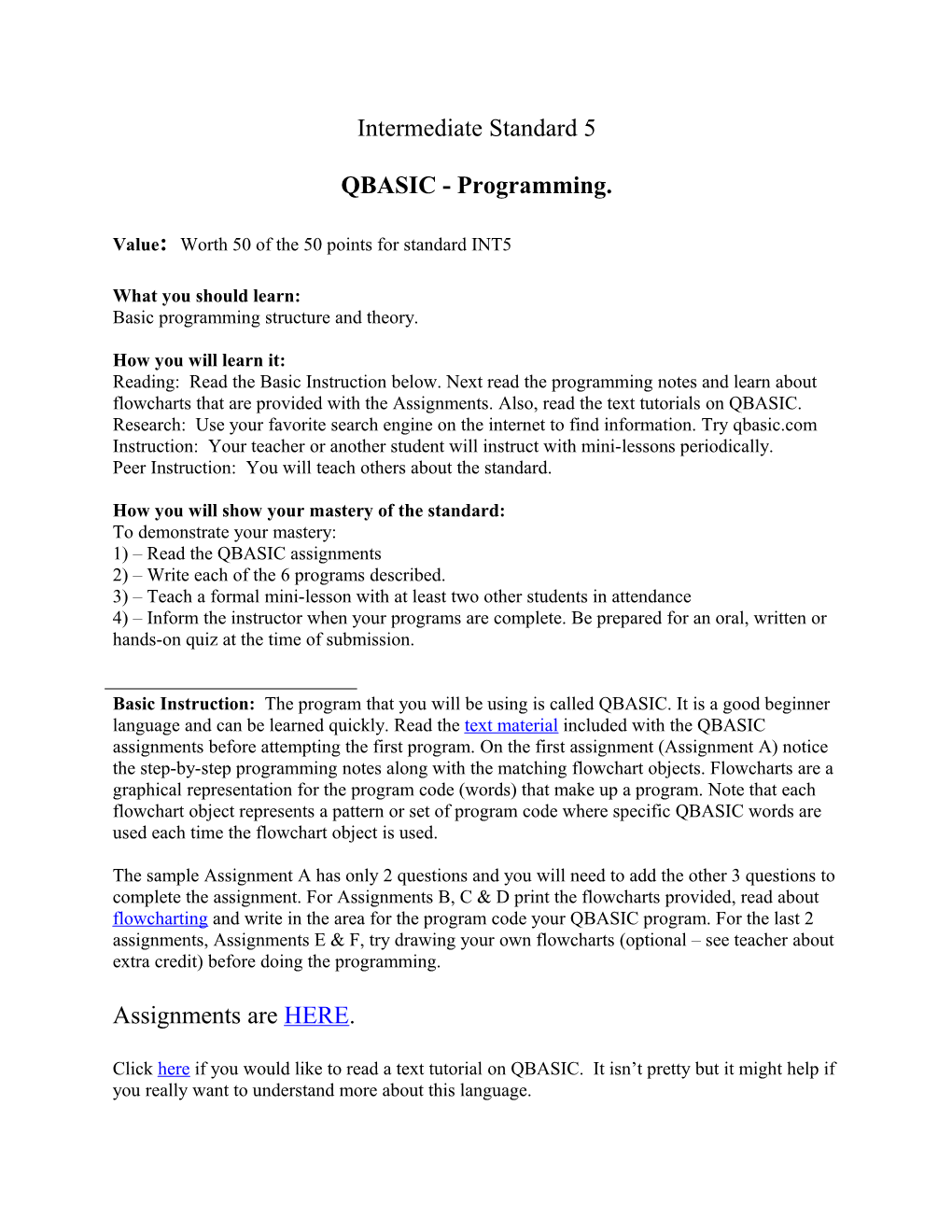 Qbasic Assignments for Intermediate Computers