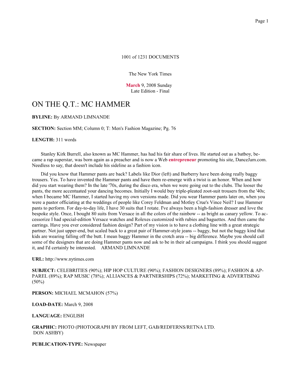 ON the Q.T.: MC HAMMER the New York Times March 9, 2008 Sunday