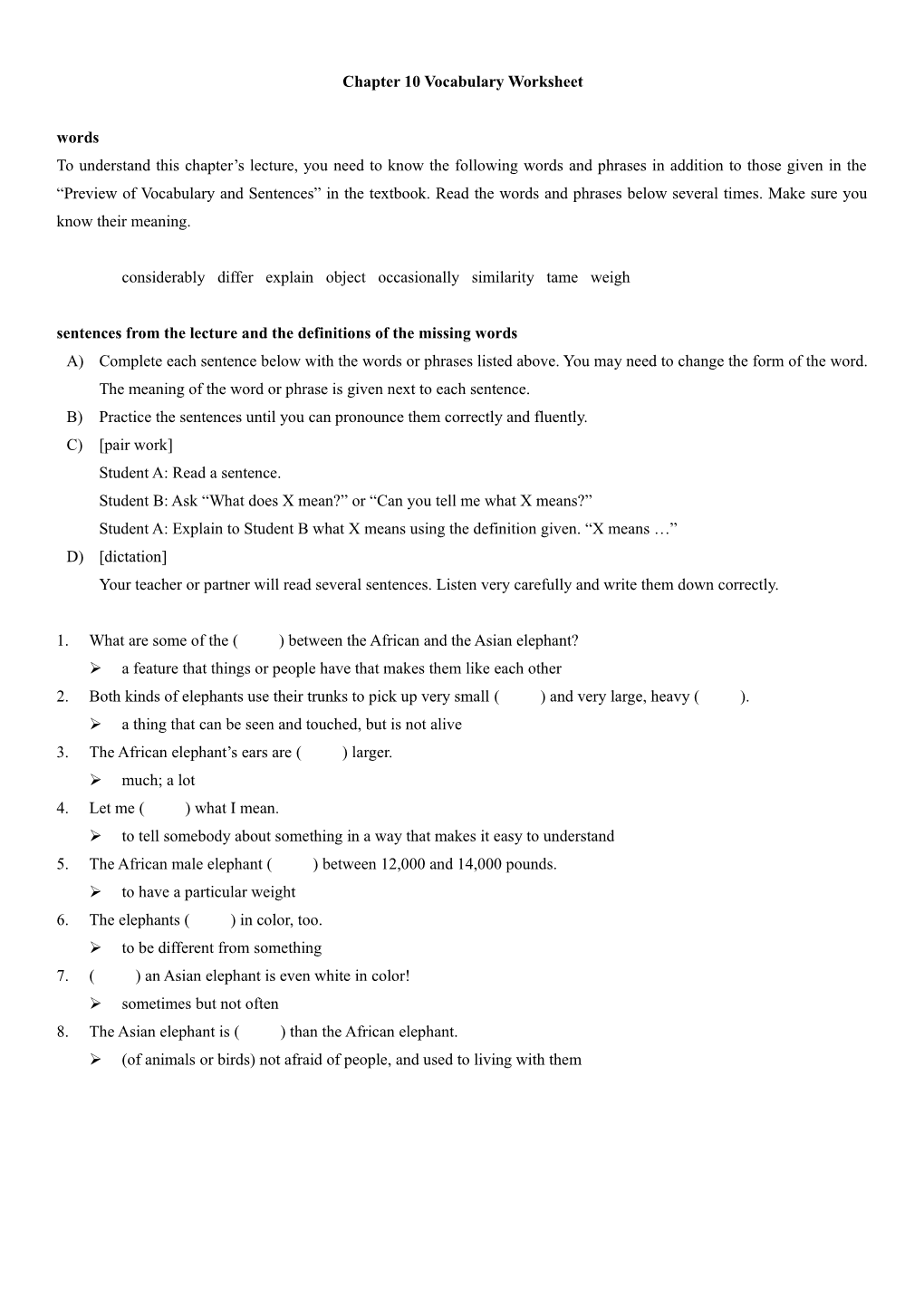 Chapter 10 Vocabulary Worksheet