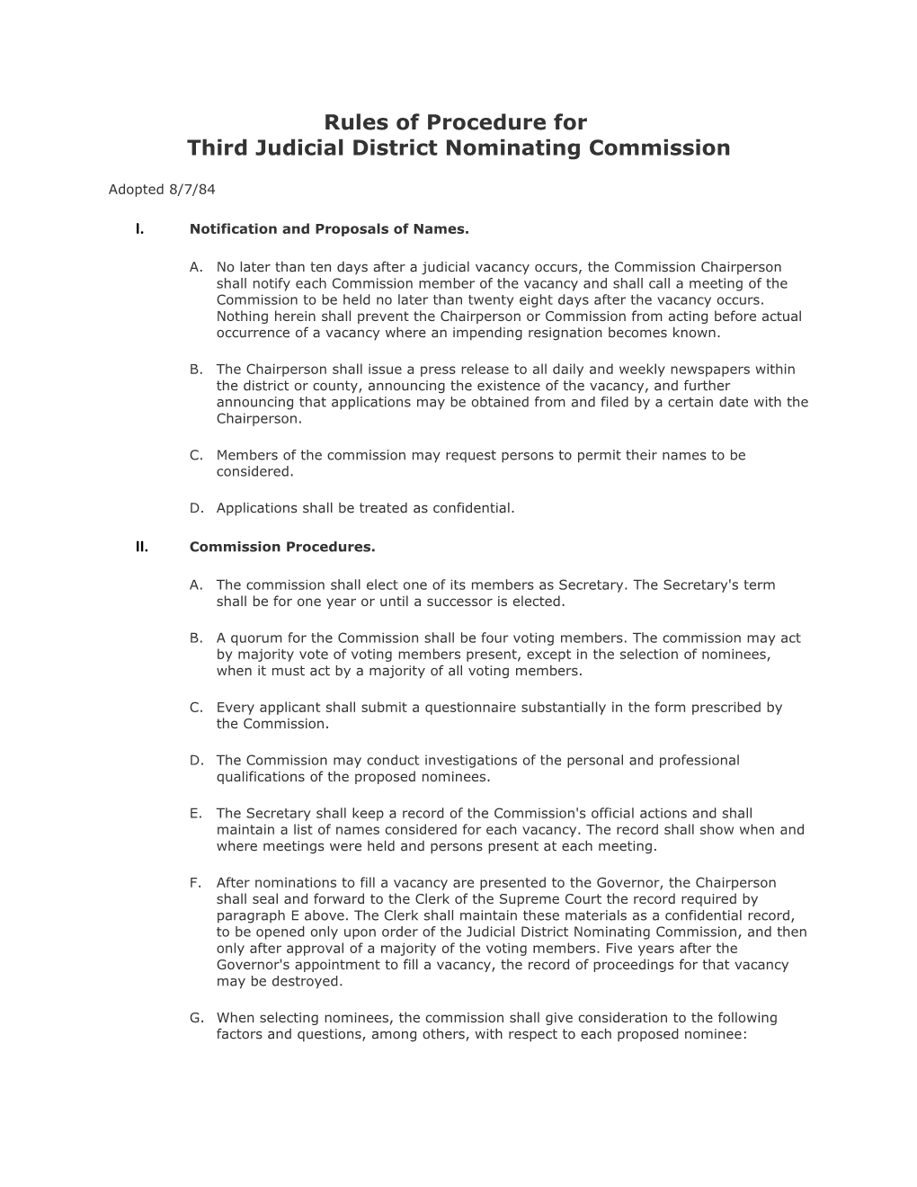 Rules of Procedure for Third Judicial District Nominating Commission