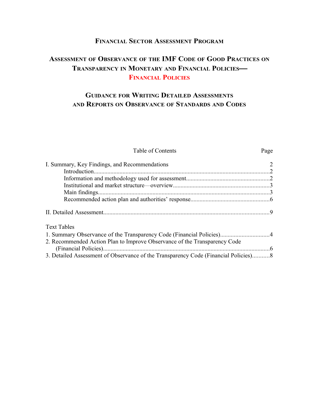 Financial Sector Assessment Program: Detailed Assessment Report on Observance of the IMF