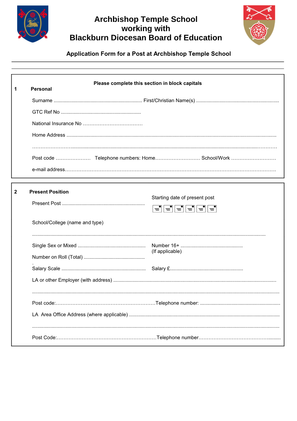 Application Form for a Post at Archbishop Temple School