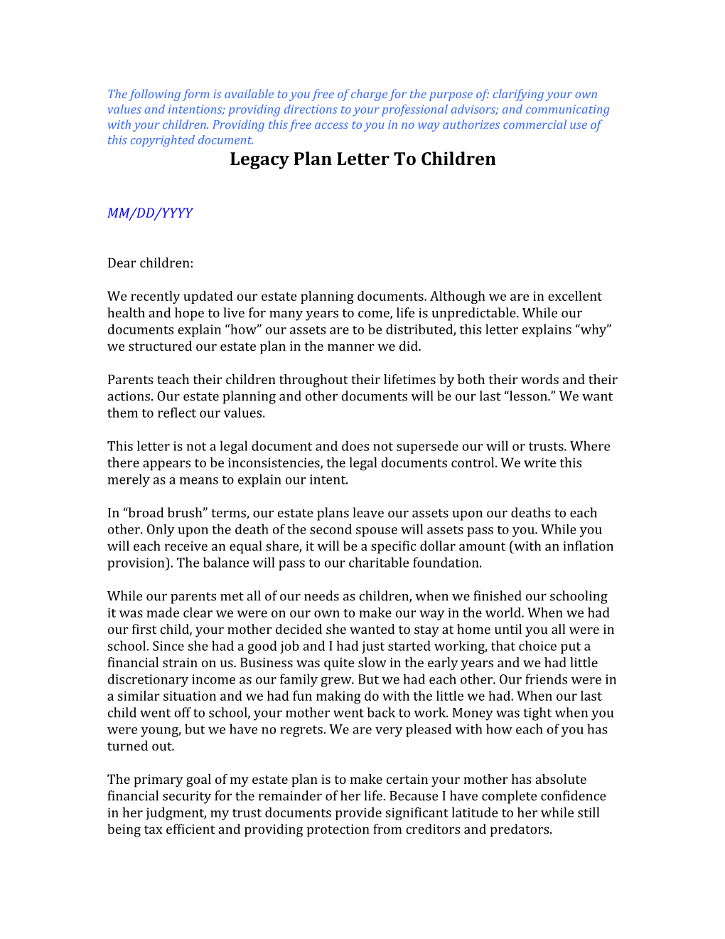 Legacy Plan Letter to Children