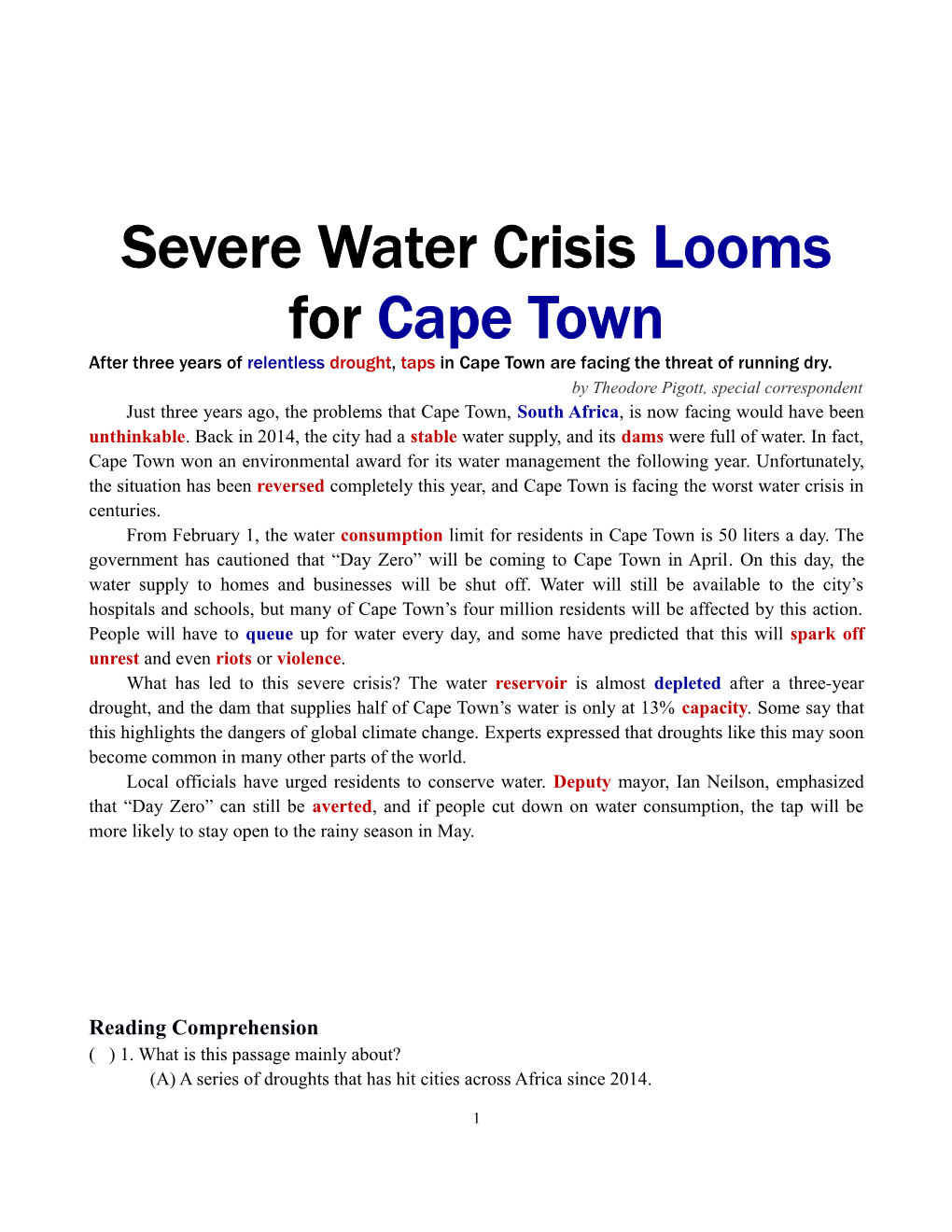 Severe Water Crisis Looms for Cape Town