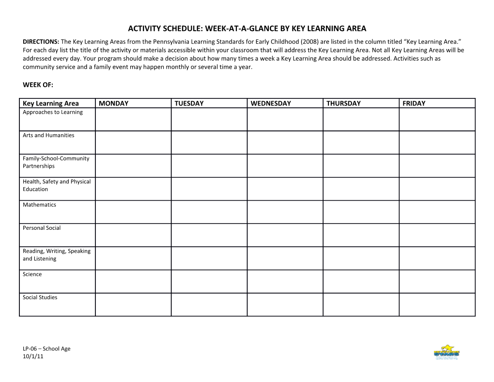 DIRECTIONS: List the Key Learning Areas from the Learning Standards in the in the Column