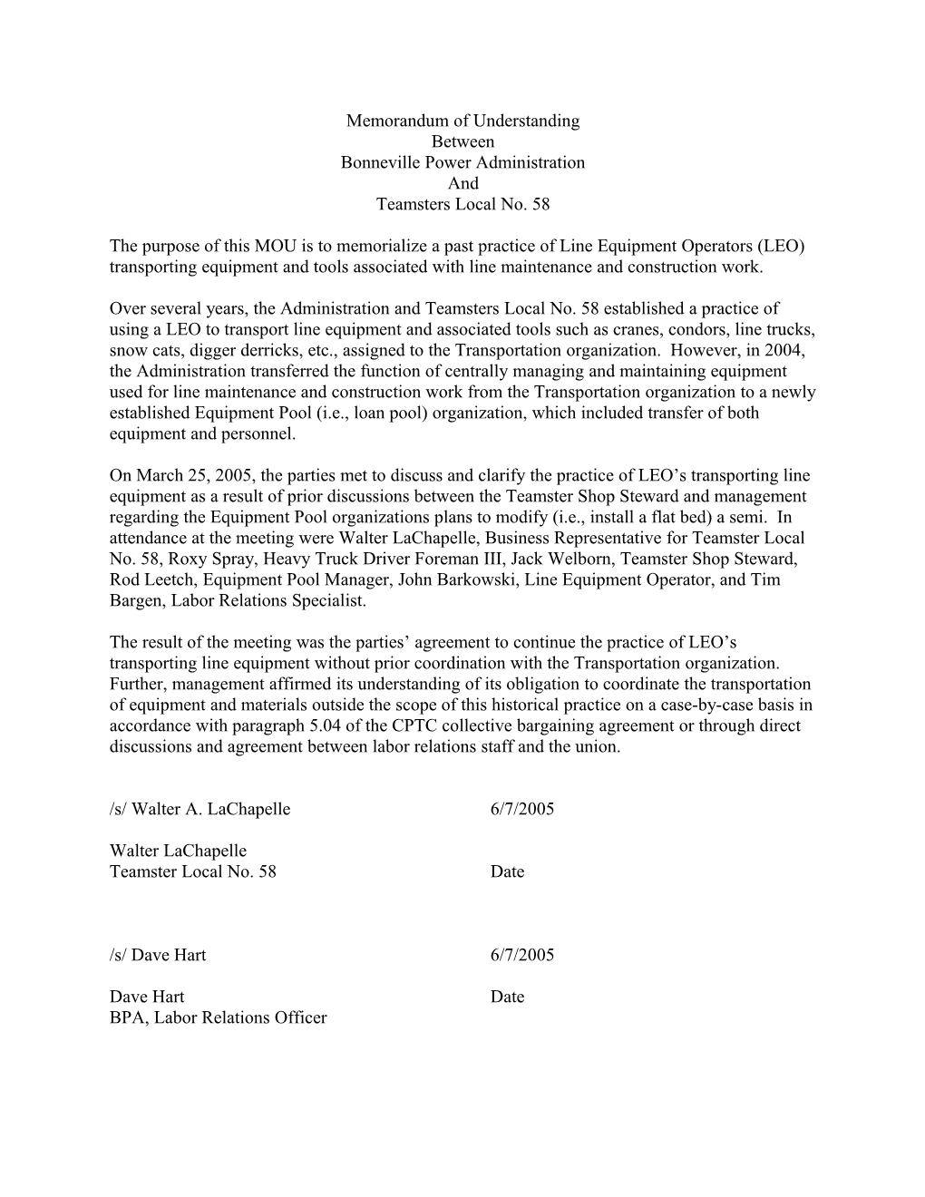 LEO’S Transporting Equipment:Memorandum Of Understanding Between Bonneville Power Administration And Teamsters Local No. 58