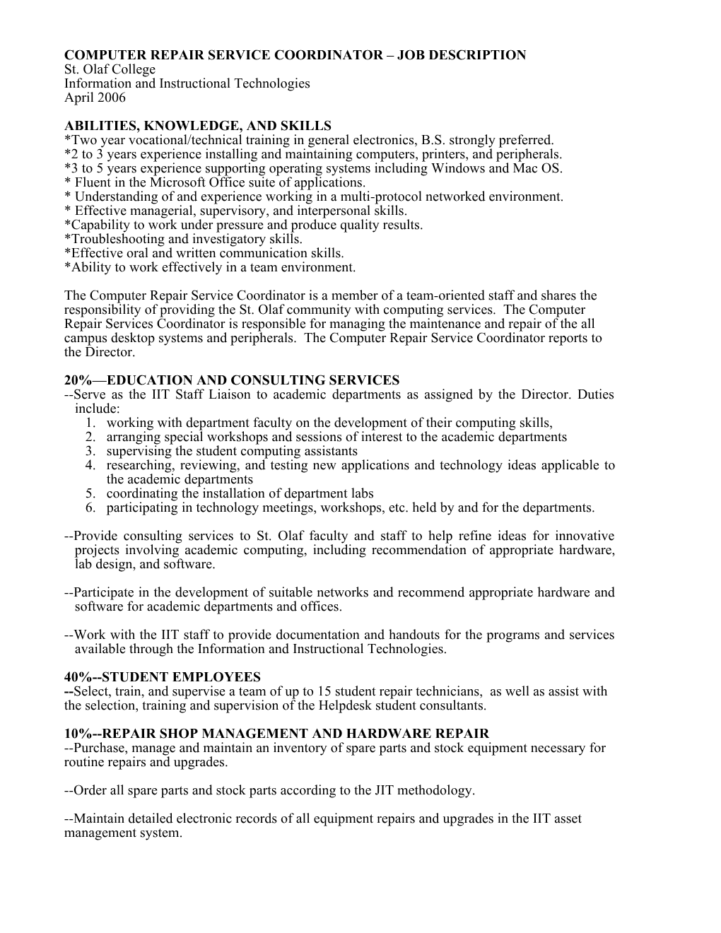 Computer Repair Service Coordinator- Job Description