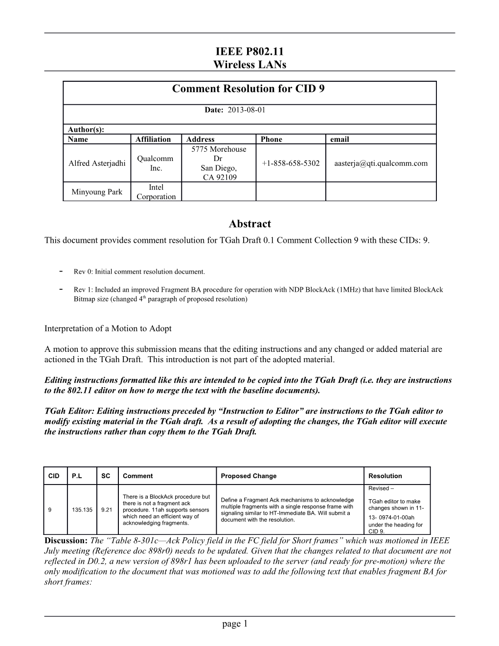 Rev 0: Initial Comment Resolution Document