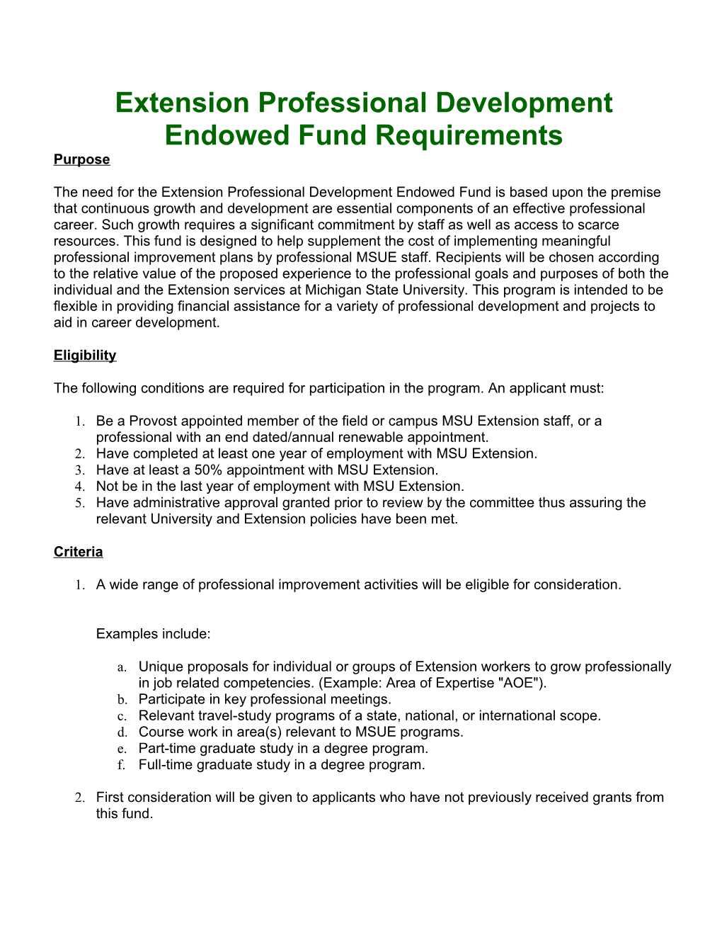 Extension Professional Development Endowed Fund Requirements