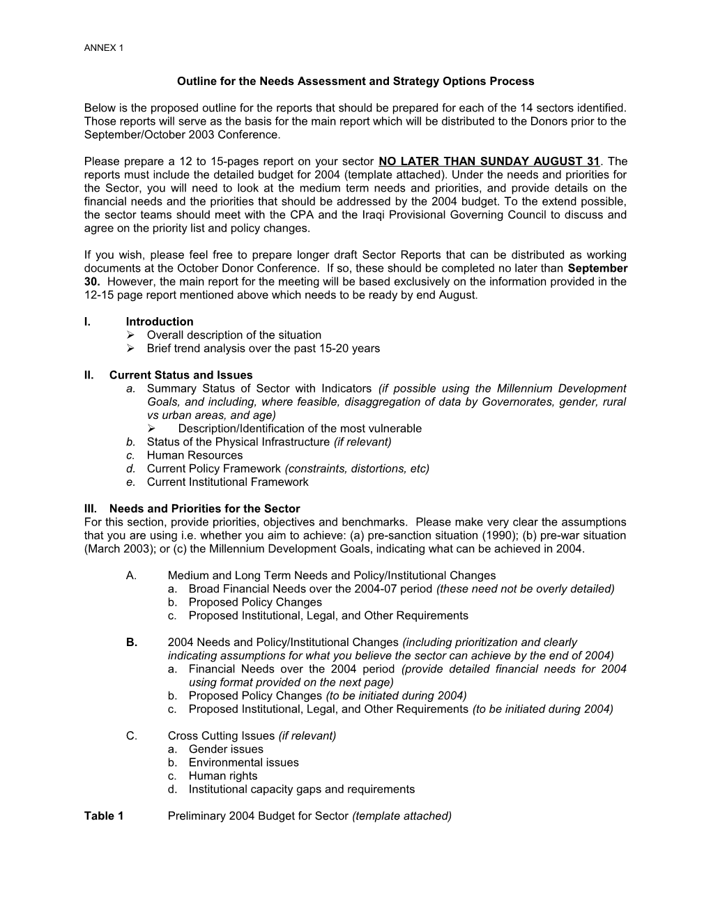 Outline for the Needs Assessment and Strategy Options Process