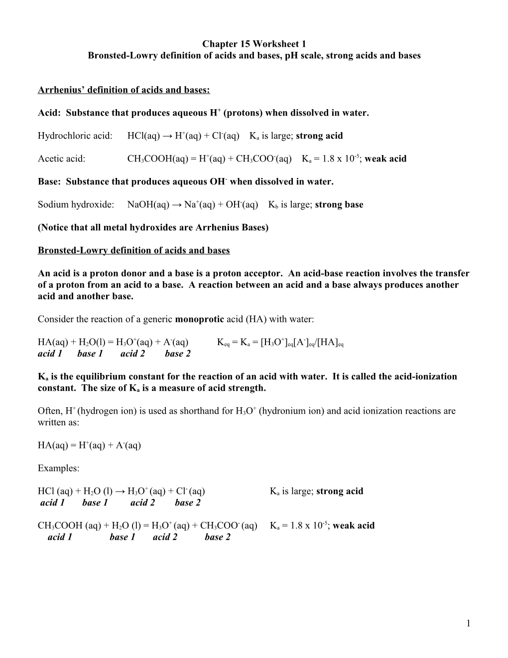 Bronsted-Lowry Definition of Acids and Bases, Ph Scale, Strong Acids and Bases