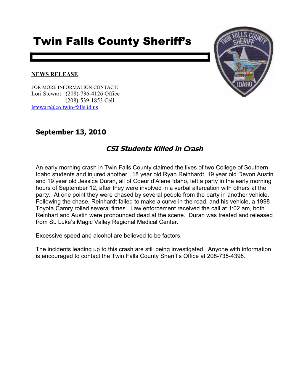 CSI Students Killed in Crash