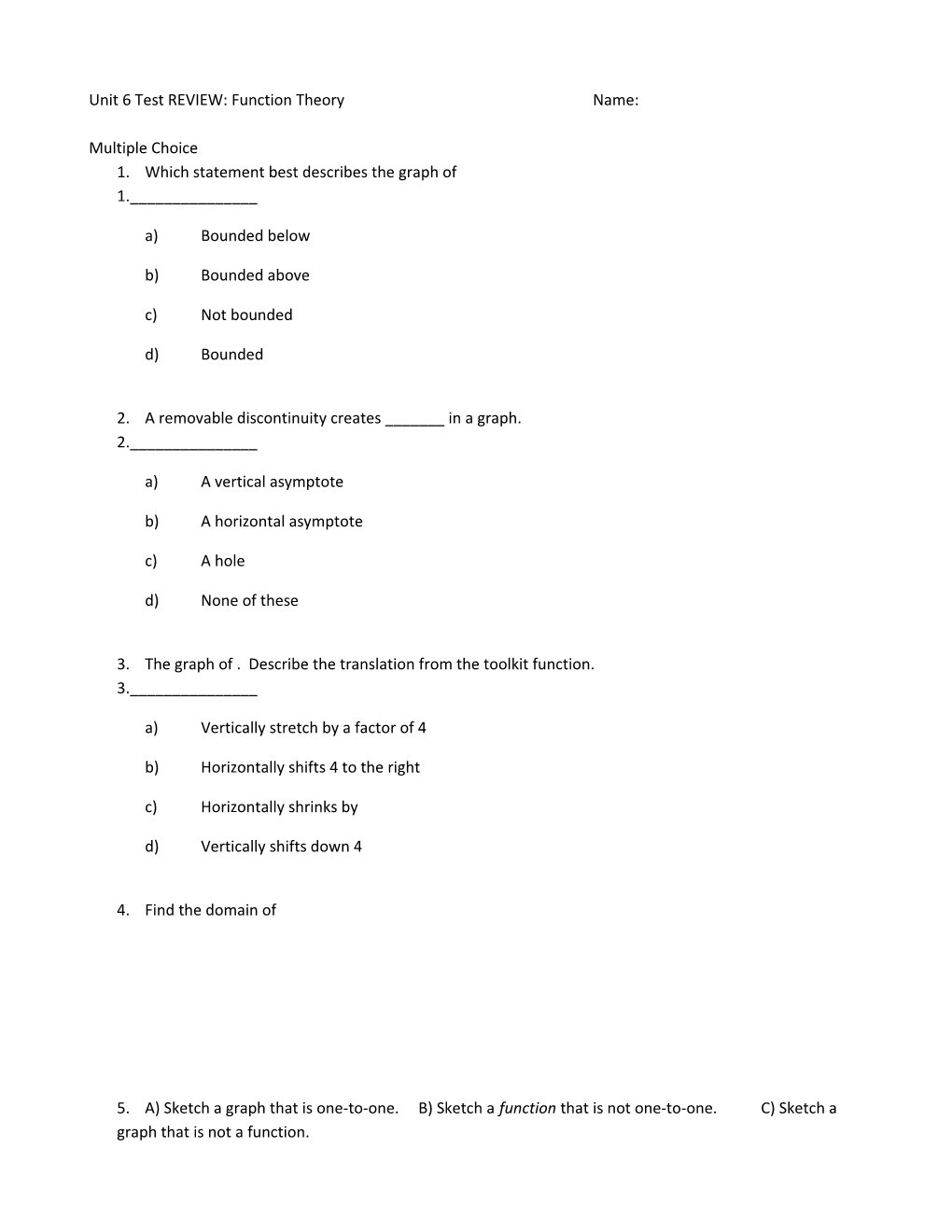 Unit 6 Test REVIEW: Function Theoryname
