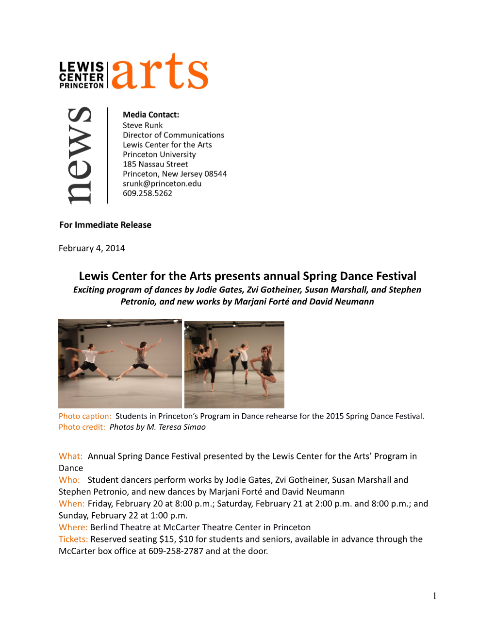 Lewis Center for the Arts Presents Annual Spring Dance Festival