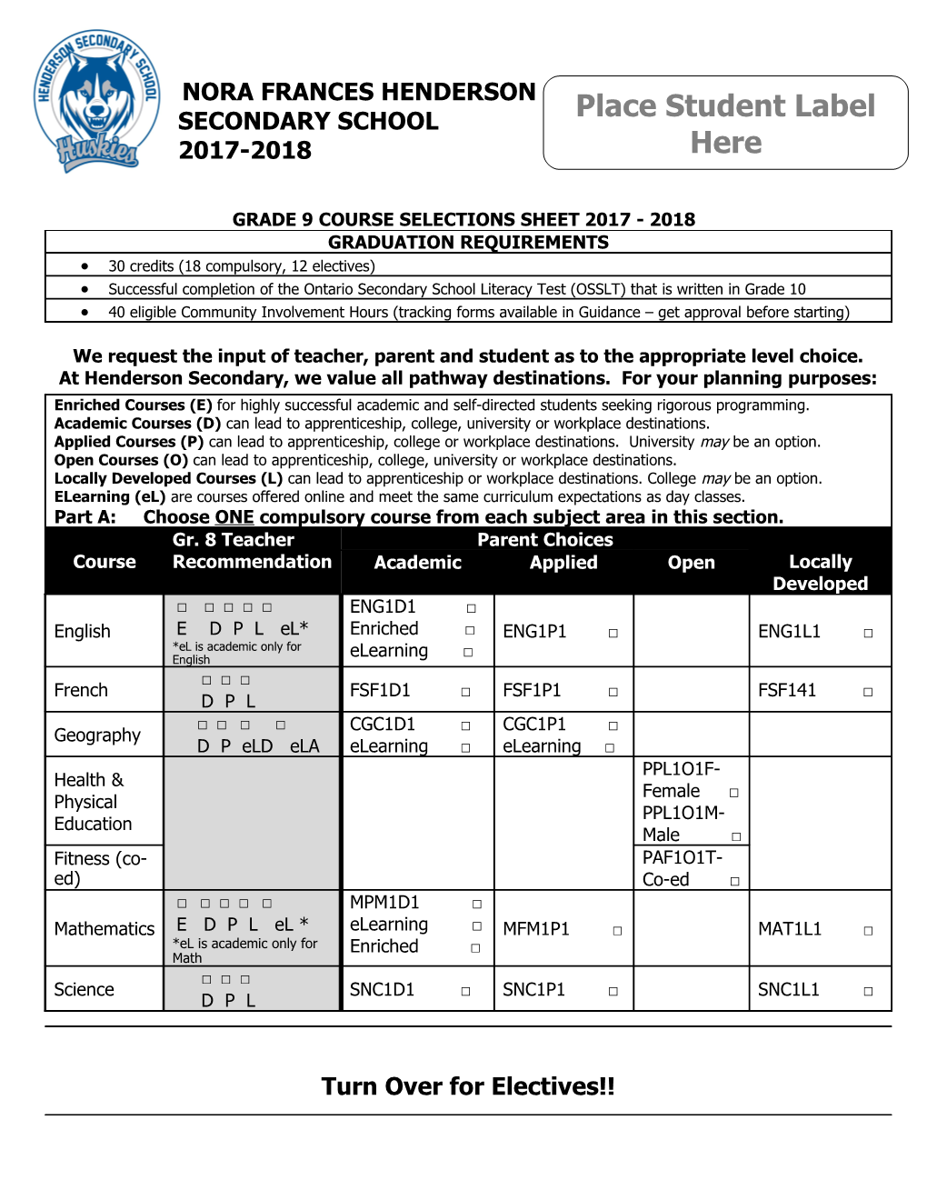Grade 9 Course Selections Sheet 2017 - 2018