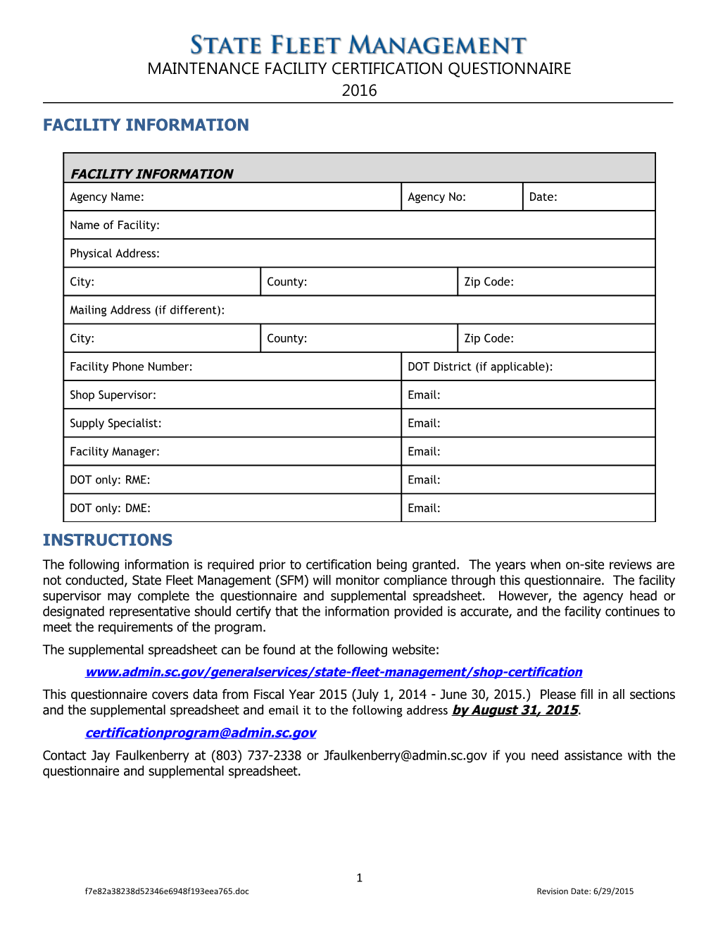 Maintenance Facility Certification Questionnaire