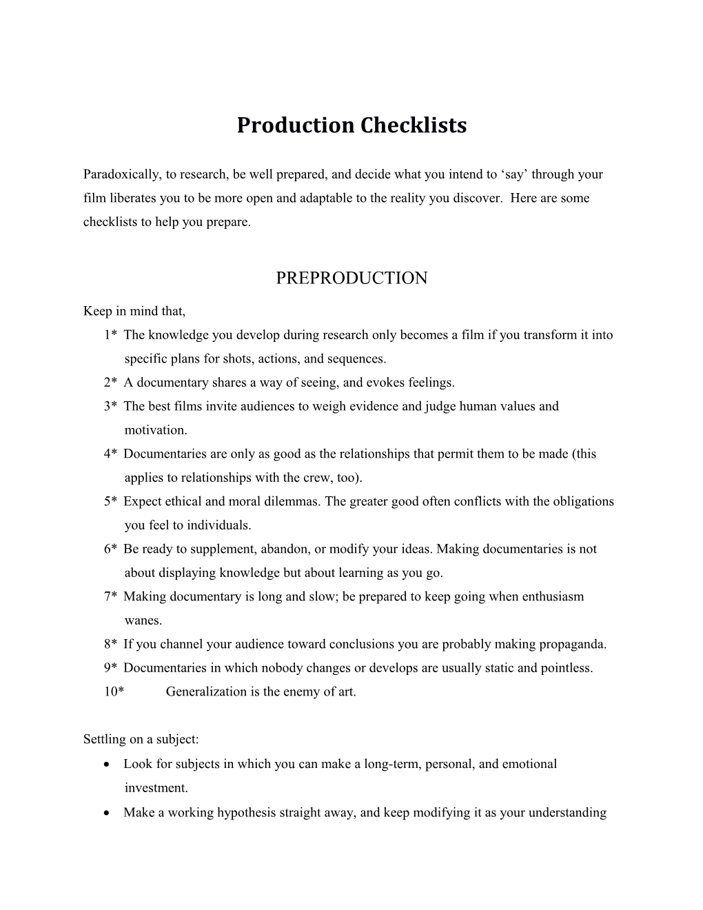 Production Checklists