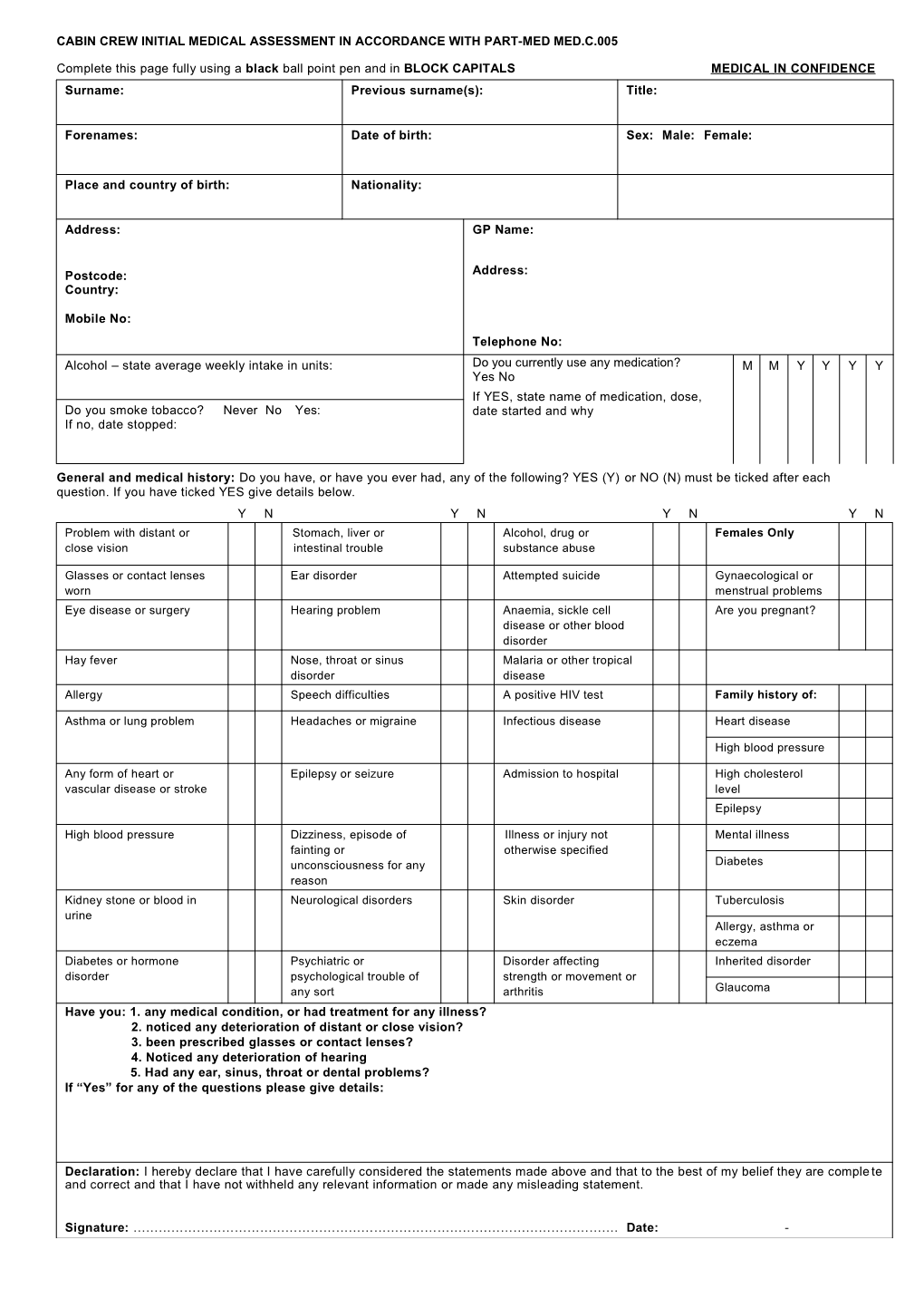 Cabin Crew Initial Medical Assessment in Accordance with Part-Med Med.C.005