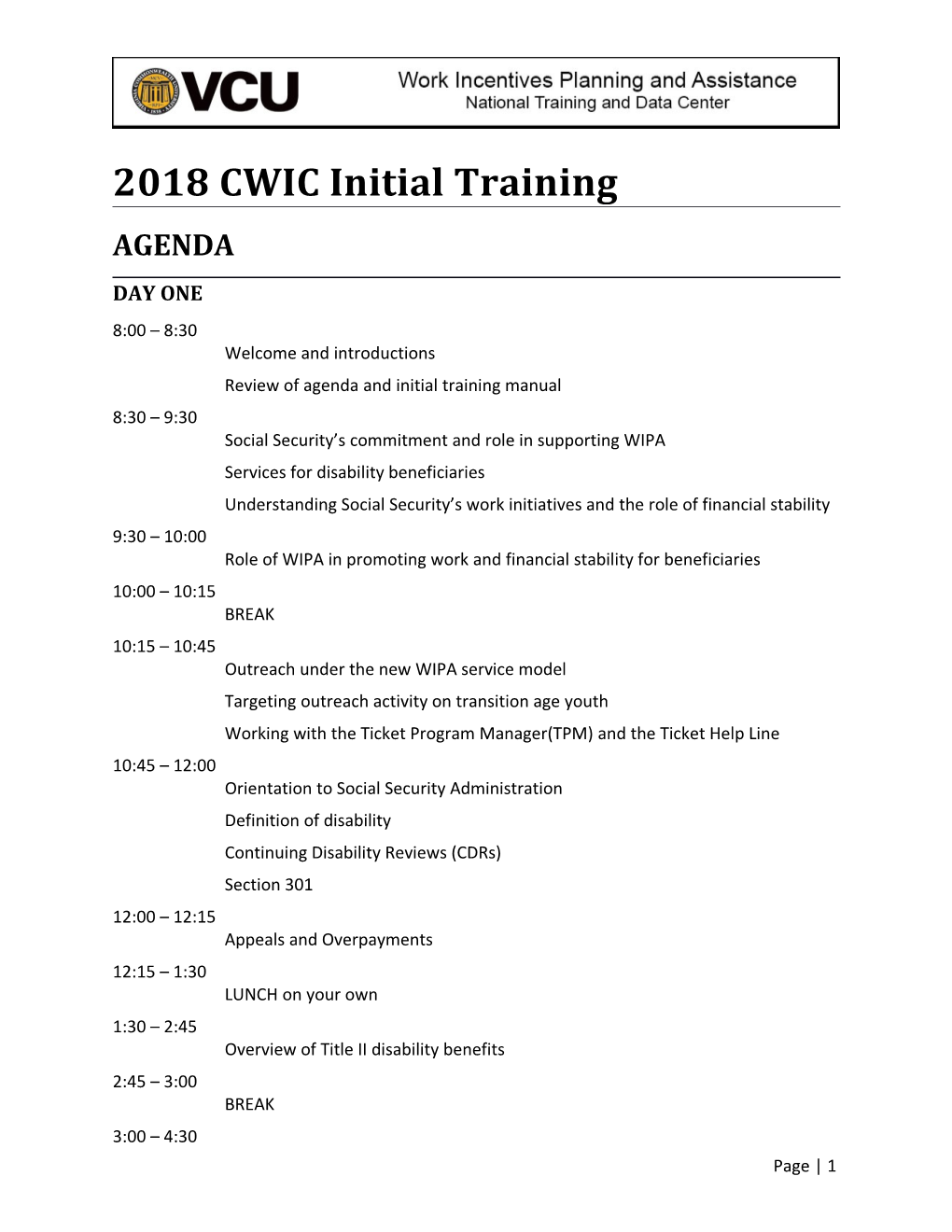 2018 CWIC Initial Training Agenda