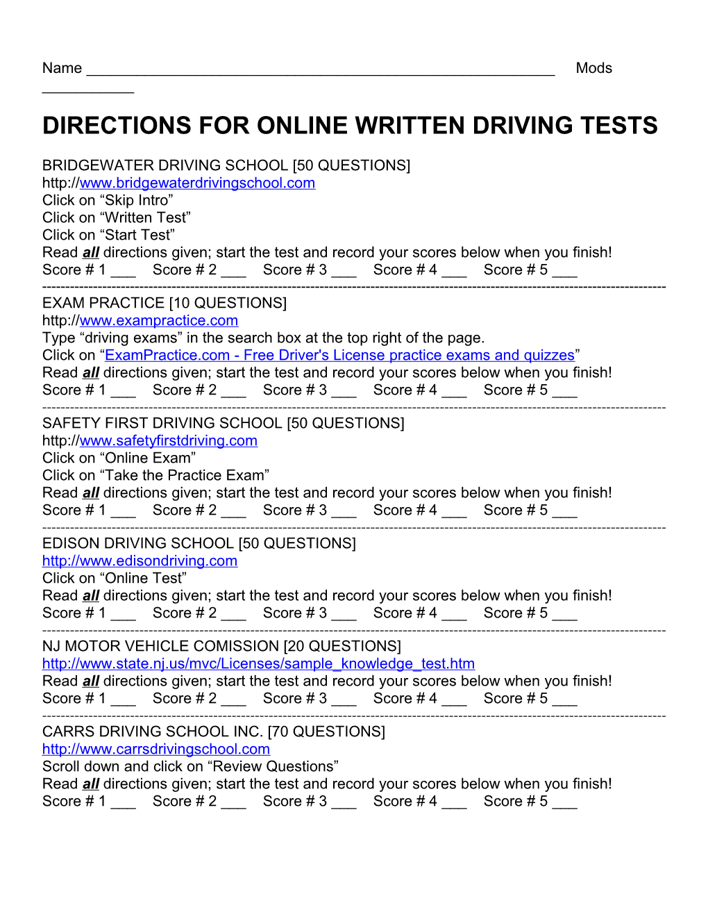 Directions for Online Written Driving Tests