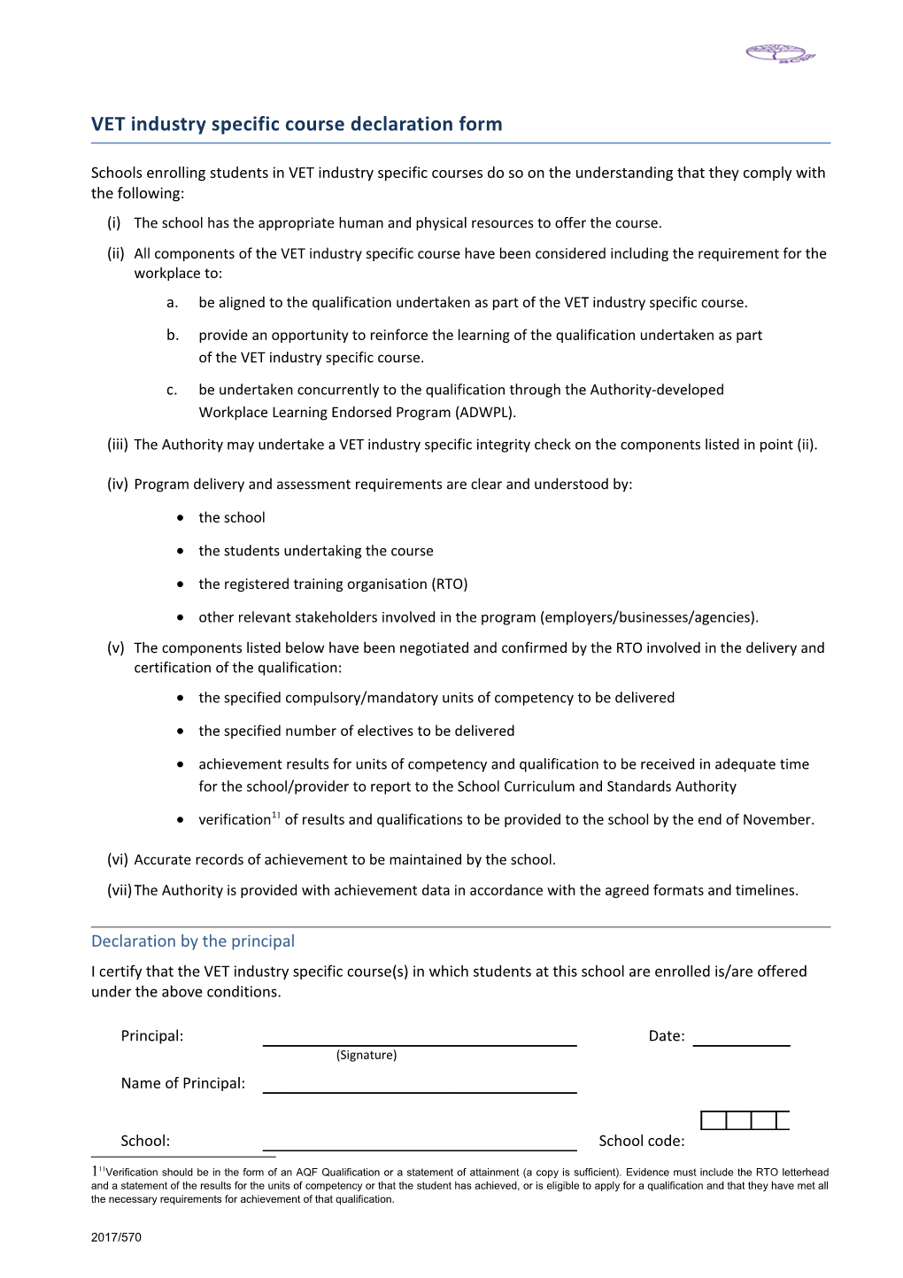 VET Industry Specific Course Declaration Form