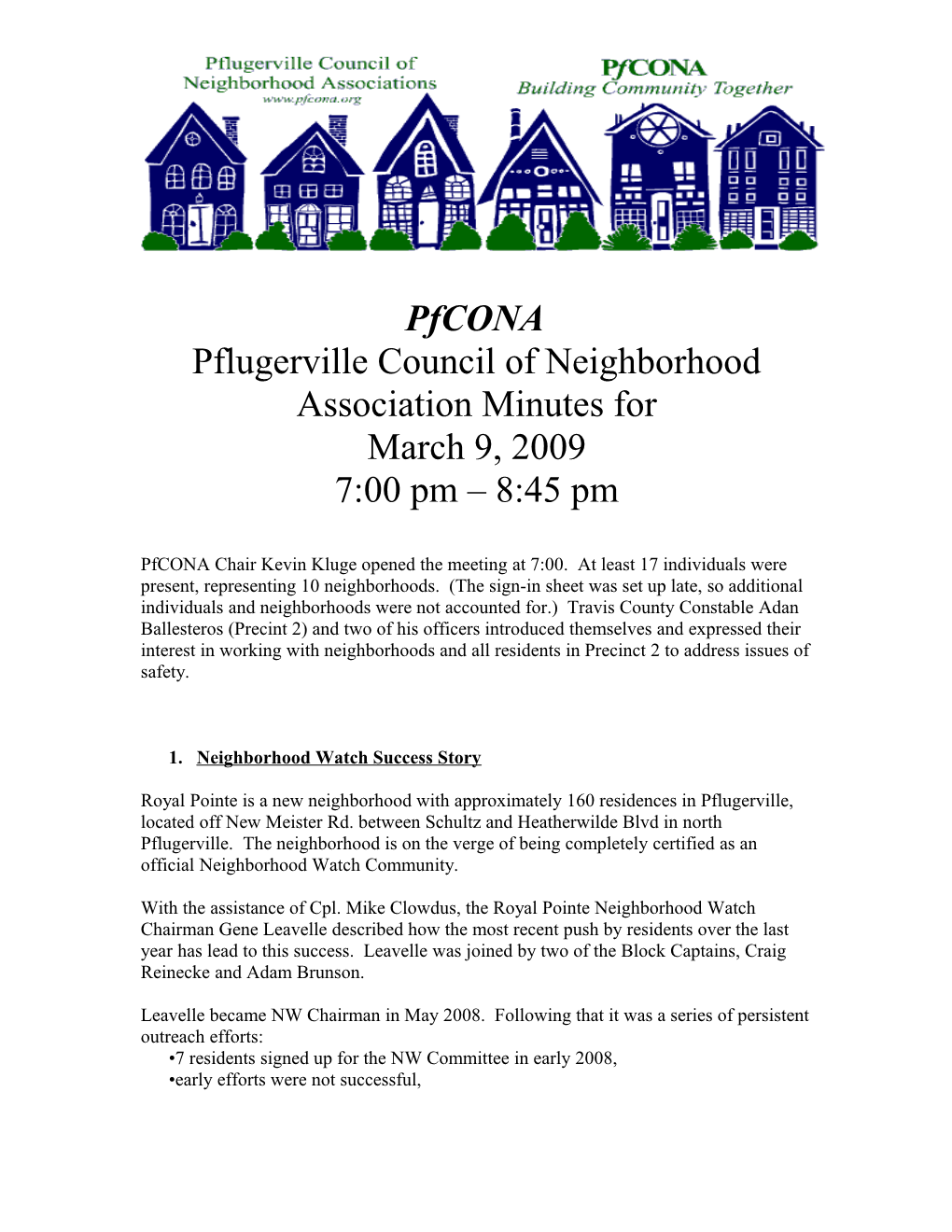 Pflugerville Council of Neighborhood Association Minutes For