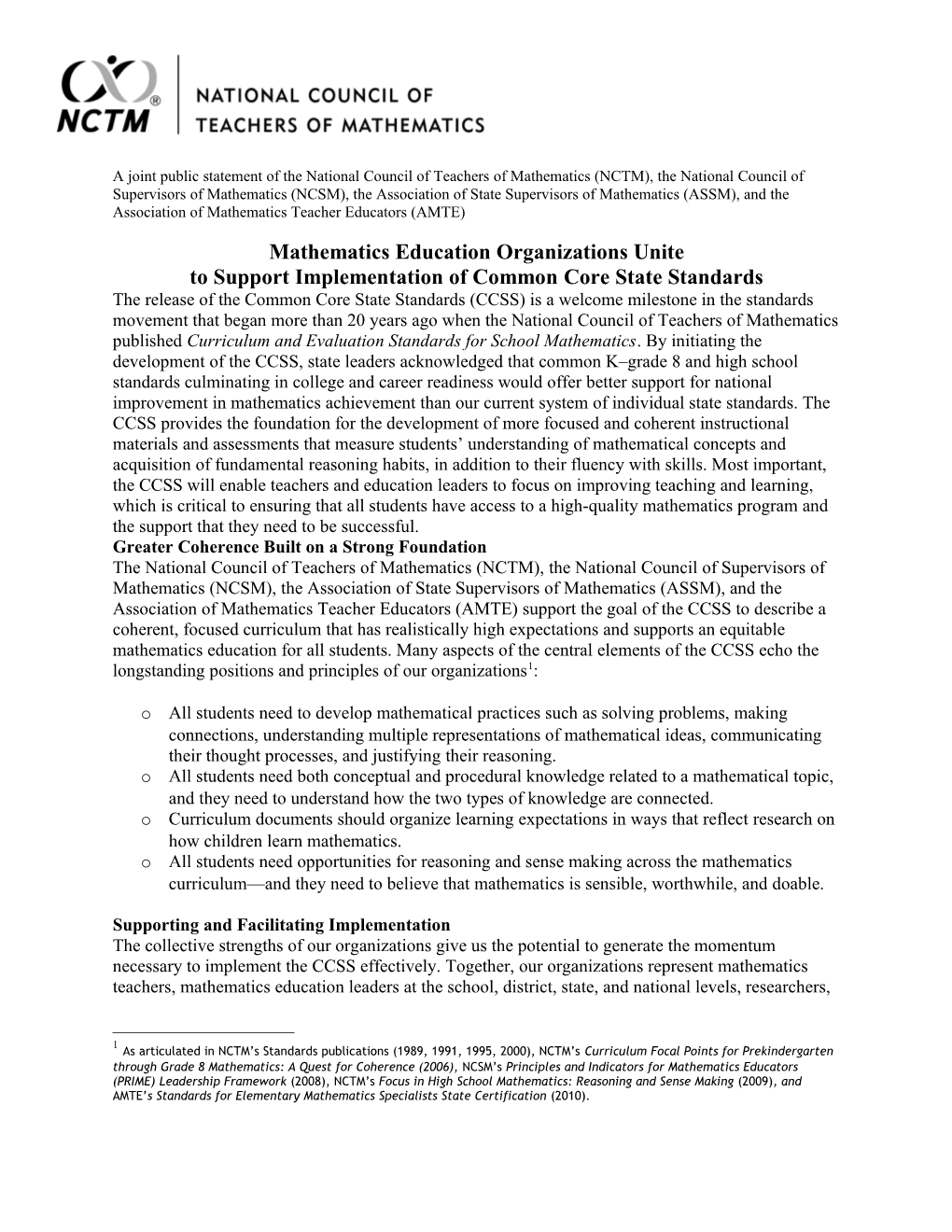 Mathematics Education Organizations Unite to Support Implementation of Common Core State