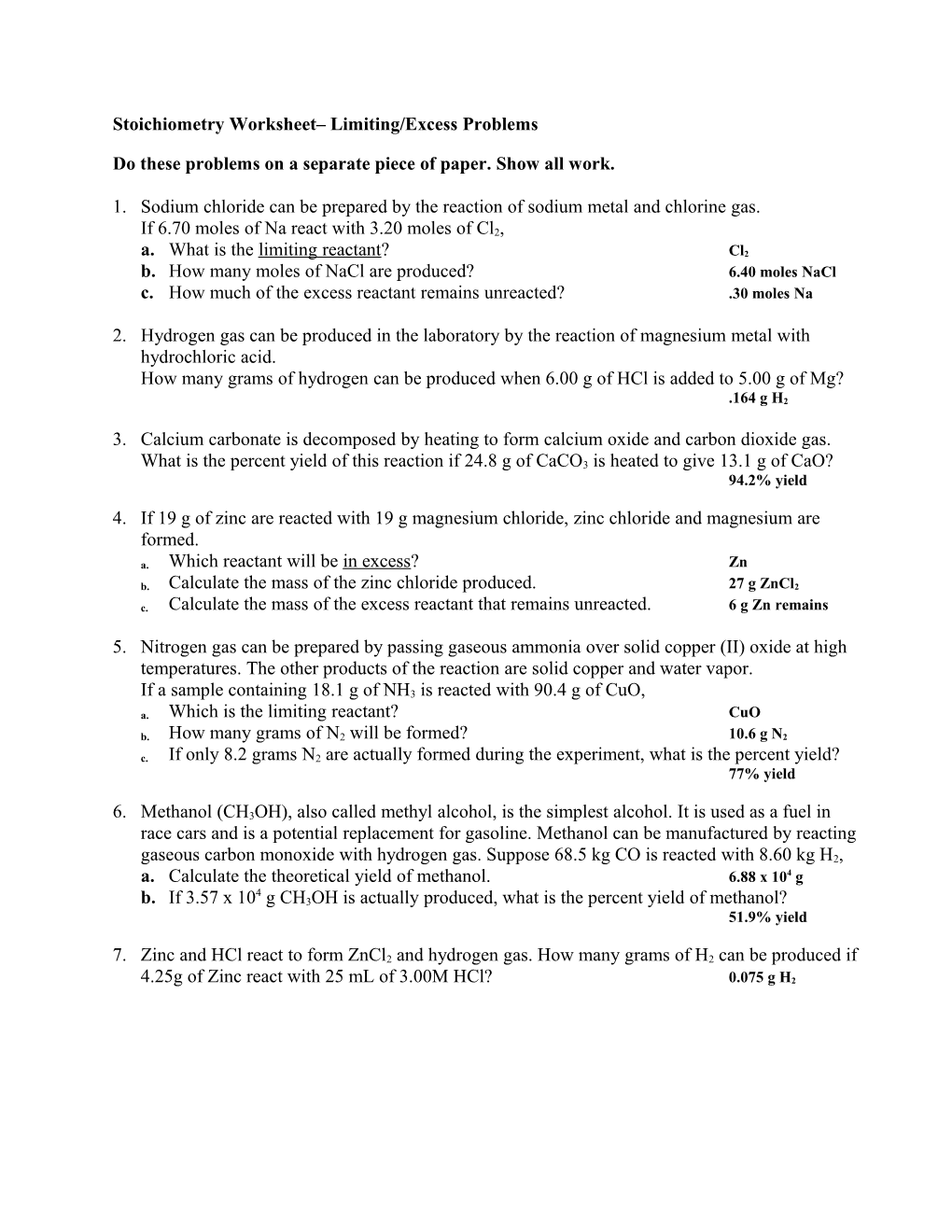Stoichiometry Worksheet Limiting/Excess Problems