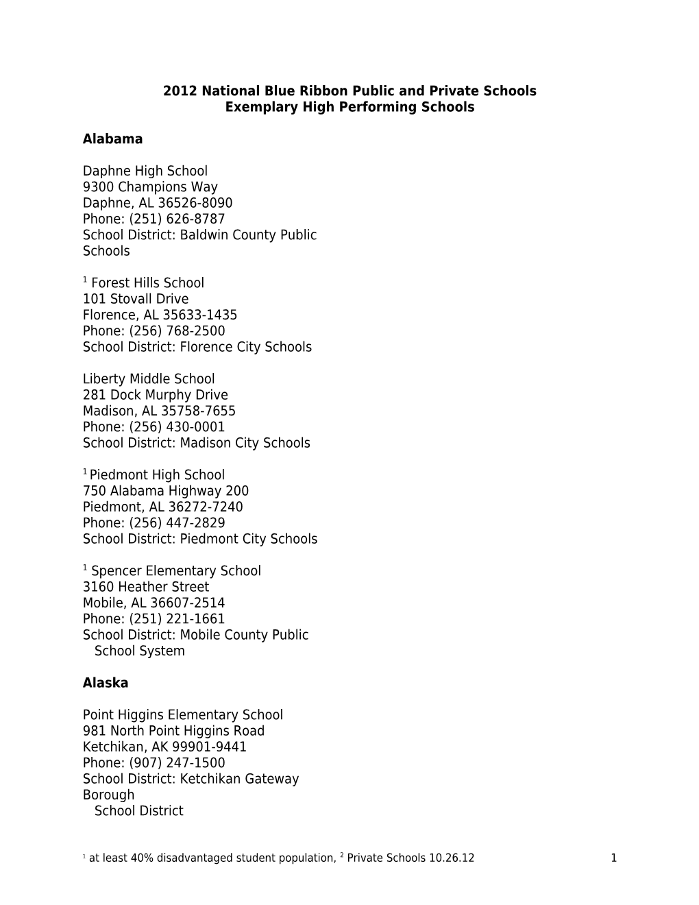 Exemplary High Performing Schools: 2012 National Blue Ribbon Schools September 27, 2012