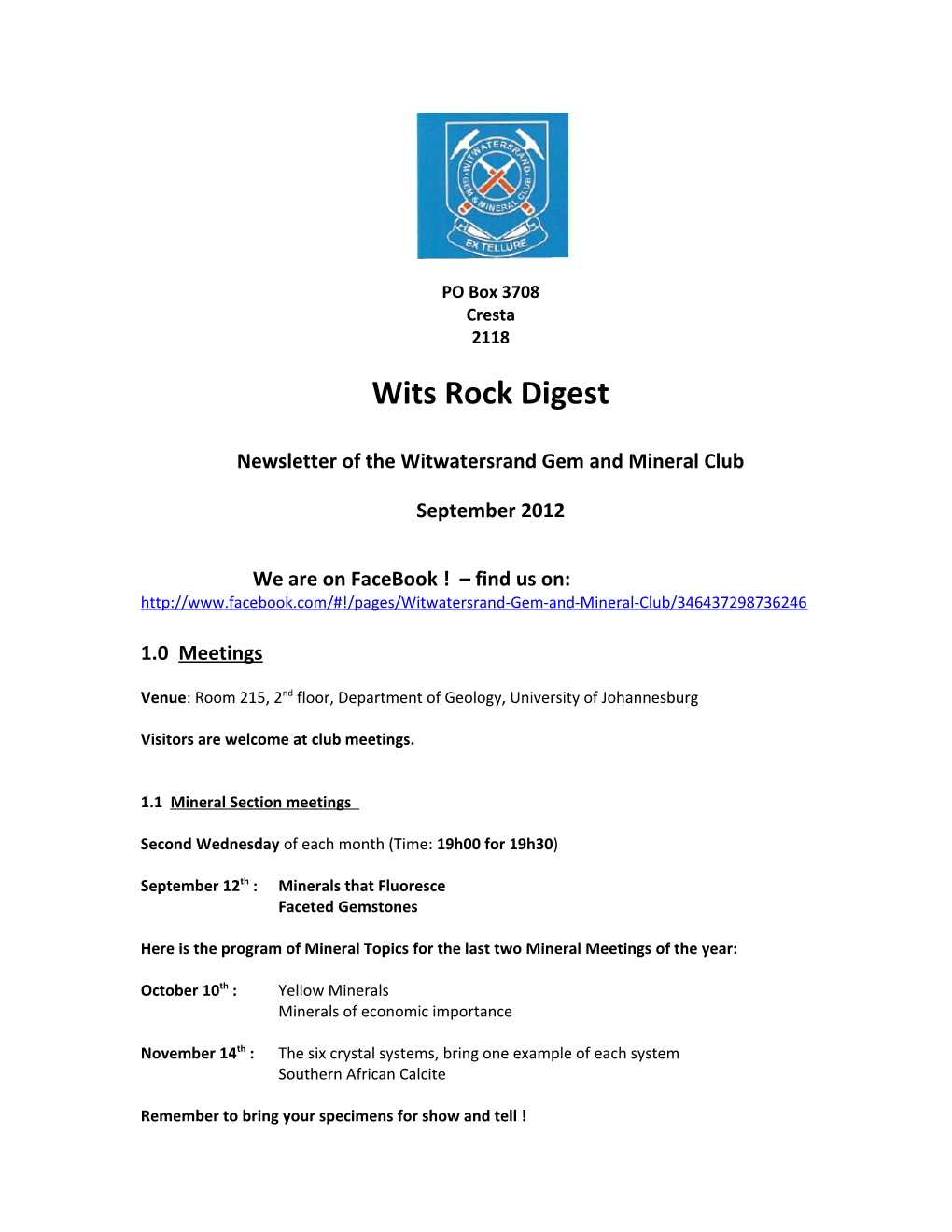 Newsletter of the Witwatersrand Gem and Mineral Club