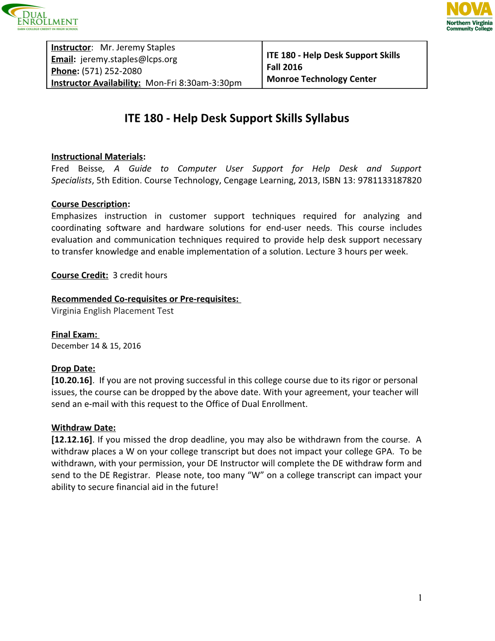 ITE 180 - Help Desk Support Skills Syllabus