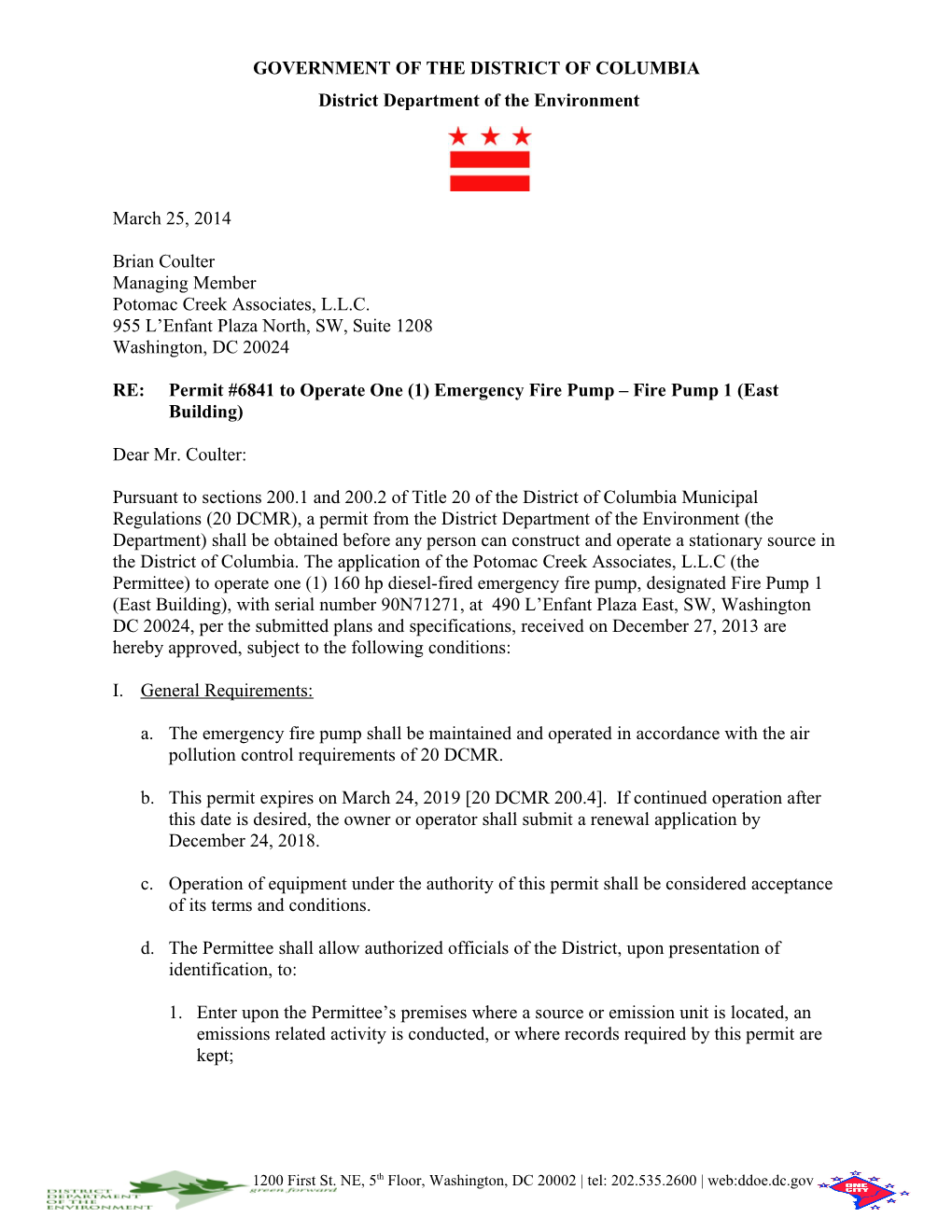 Permit #6841 to Operate an Emergency Fire Pump Fire Pump 1 (East Building)