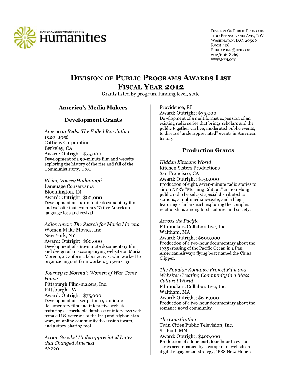 Division of Public Programs Awards List