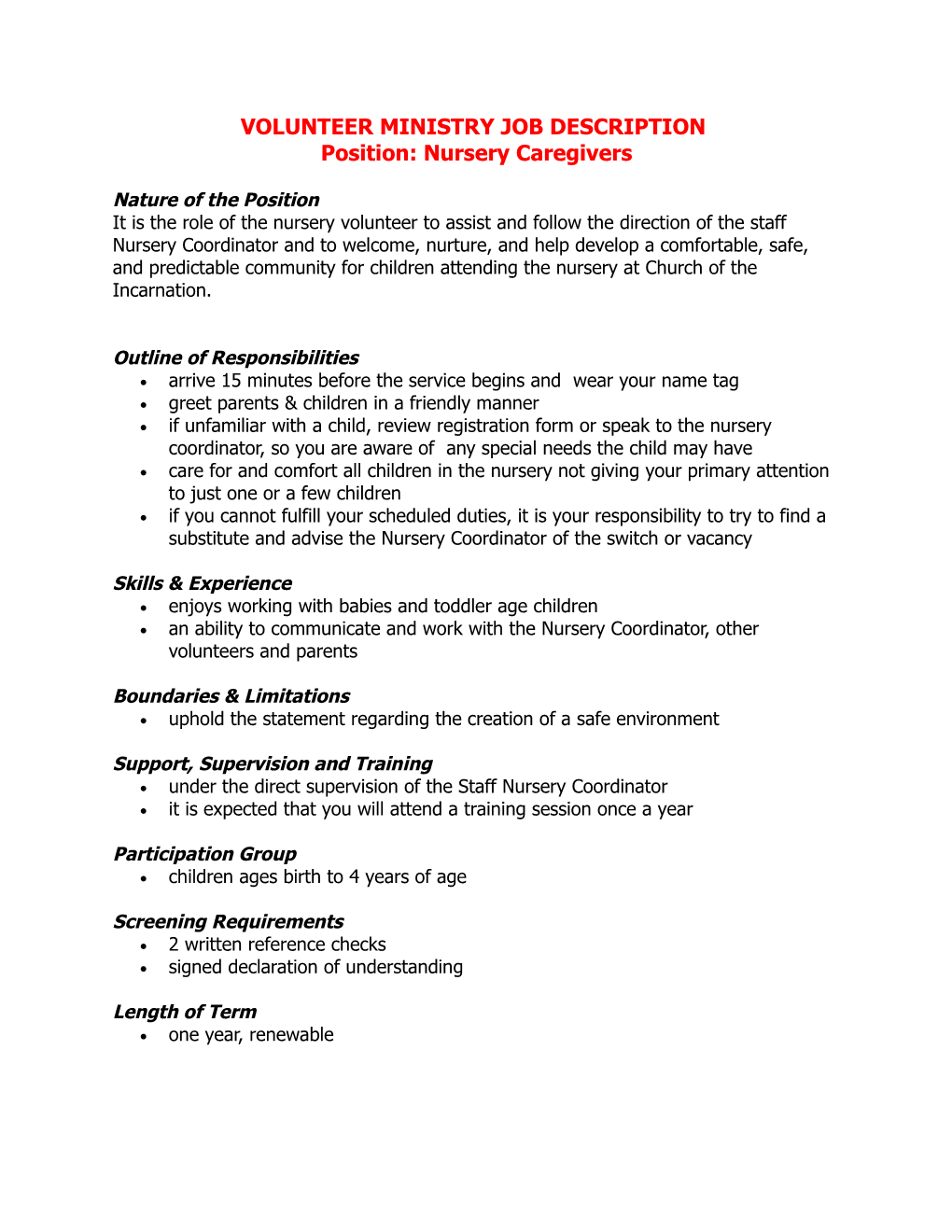 Volunteer Ministry Job Description
