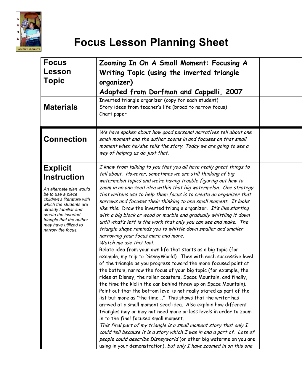 Focus Lesson Planning Sheet