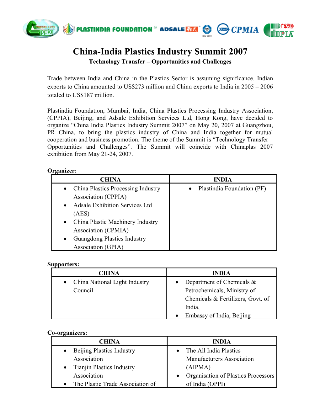 China-India Plastics Industry Summit 2007