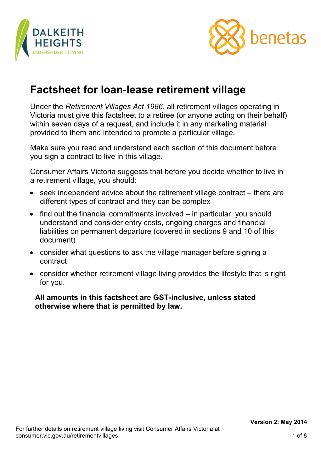 Factsheet for Loan-Licence Or Loan-Lease Retirement Village