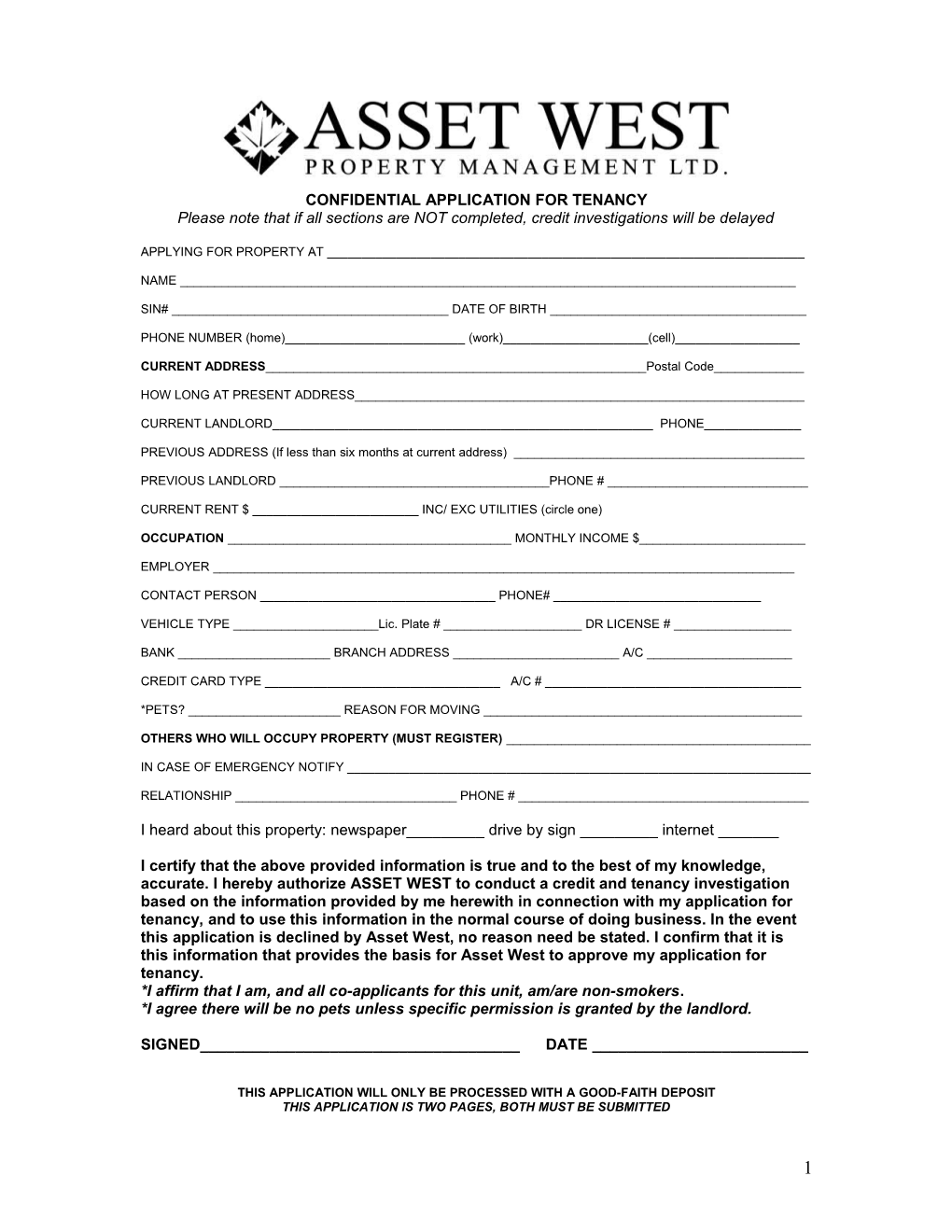 Confidential Application for Tenancy