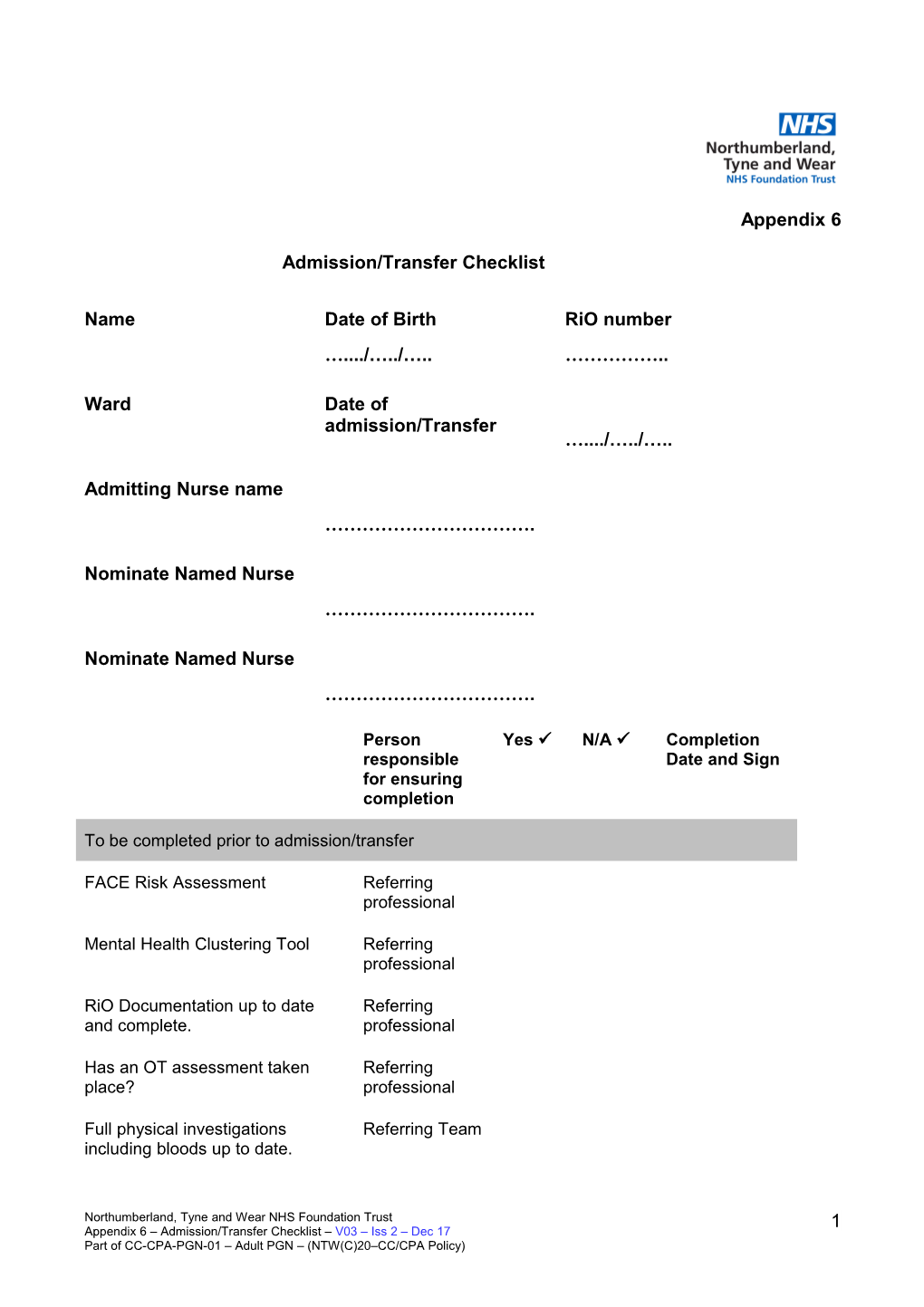 Appendix 6: Admission/Transfer Checklist