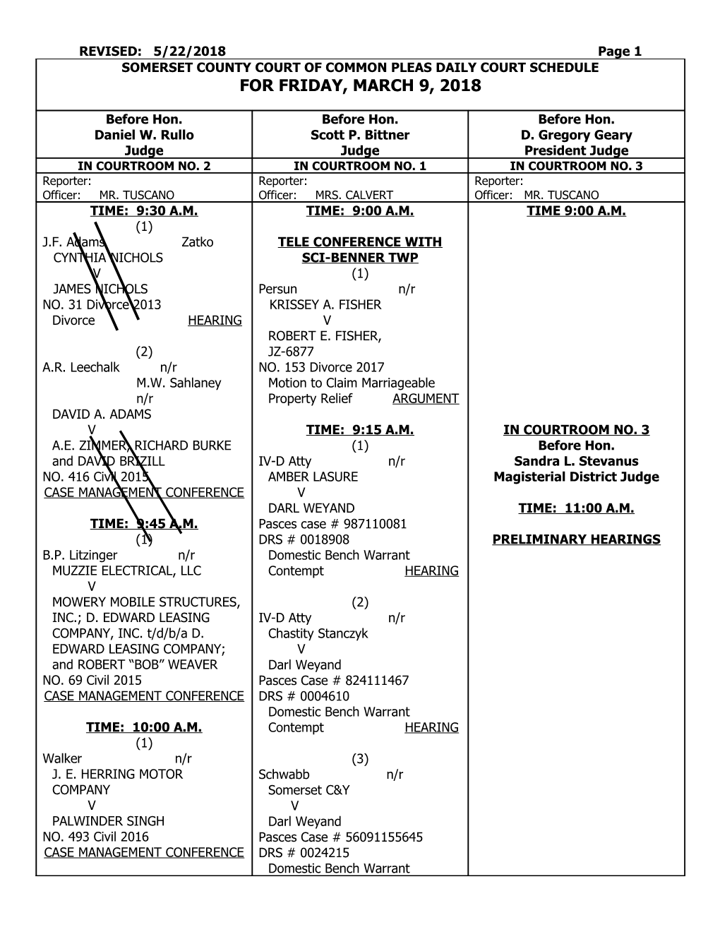 Somerset County Court of Common Pleas Daily Court Schedule