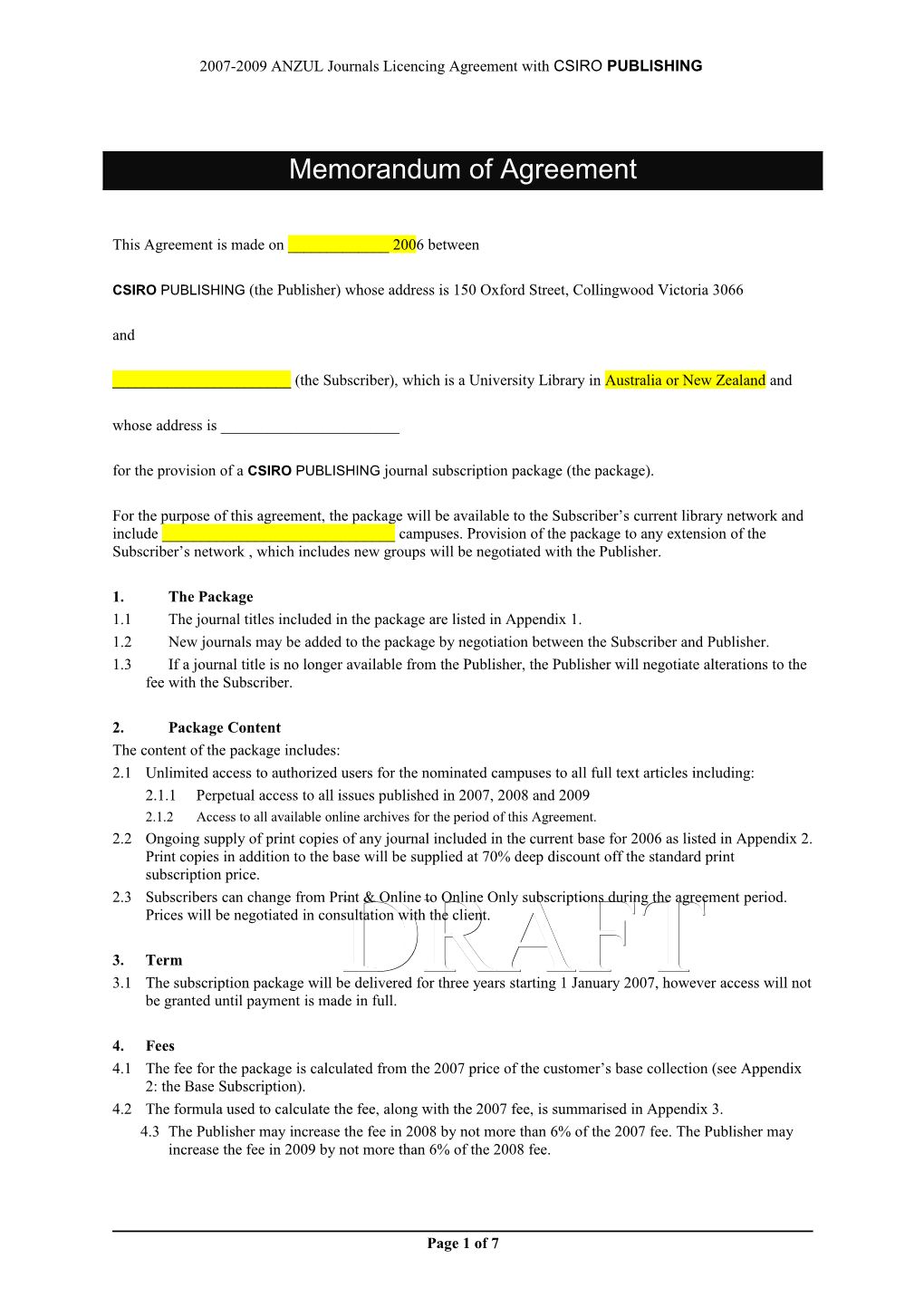 2007-2009 ANZUL Journals Licencing Agreement with CSIRO PUBLISHING