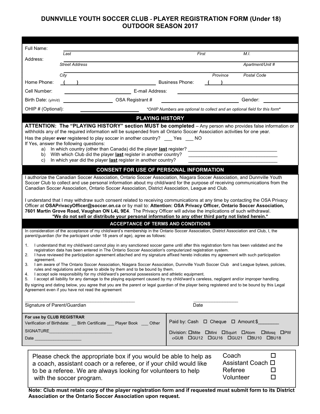 DUNNVILLE YOUTH SOCCER CLUB - PLAYER REGISTRATION FORM (Under 18)