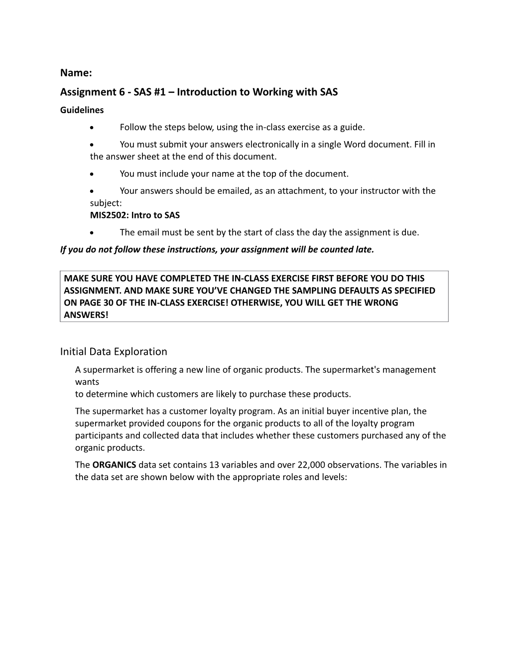 Assignment 6 - SAS #1 Introduction to Working with SAS