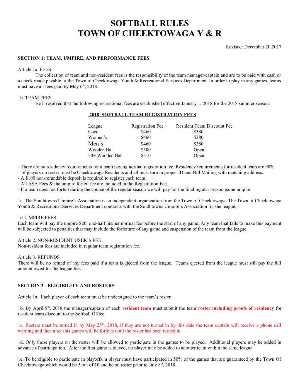 Section 1: Team, Umpire, and Performance Fees